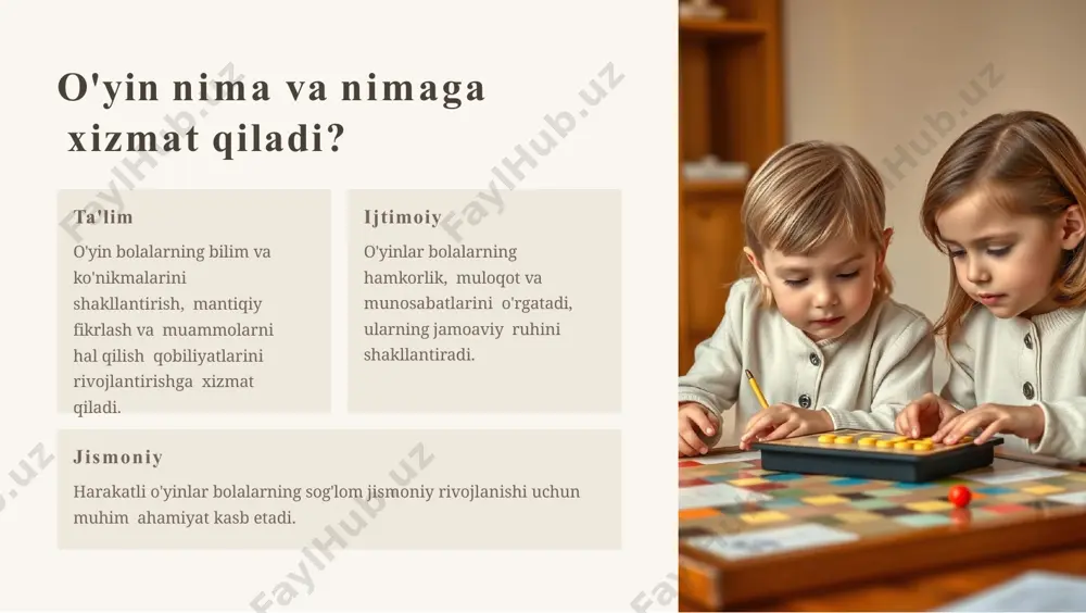 'yinlar bolalarning mantiqiy fikrlash va muammolarni hal qilish qobiliyatlarini oshiradi. 4 mas'uliyat o'yinlar bolalarning o'z-o'zini boshqarish va mas'uliyat hissini rivojlantiradi. o'yindagi xavfsizlik masalalari 1 standartlar o'yin maydonlari va anjomlarida xavfsizlik standartlariga rioya qilish. 2 kuzatuv o'yin paytida bolalarni doimiy kuzatib borish va xavfsizligini ta'minlash. 3 ta'lim bolalarni o'yin paytida xavfsizlik qoidalari va yo'l-yo'riqlarni o'rgatish. o'yin usullarini tanlash va qoʻllash 1 maqsadlar o'yin maqsadlarini o'quv maqsadlariga muvofiq ravishda tanlash. 2 moslashuvchanlik o'yin usullarini bolalarning yosh, qiziqish va qobiliyatlariga moslash. 3 tajribalar o'yin usullarini sinab ko'rish va samaradorligini baholash. o'yin jarayonini baholash va nazorat qilish baholash mezonlari o'yin maqsadlariga erishish darajasi bolalarning o'quv natijalarini yaxshilash nazorat shakllari kuzatuv, suhbat, testlar, loyihalar doimiy, seans oxirida, yakuniy o'yin usullarini takomillashtirish yoʻllari innovatsiyalar yangi, zamonaviy va qiziqarli o'yin usullarini joriy etish. malaka oshirish o'yin usullarini takomillashtirish uchun o'qituvchilarning malakasini oshirish. tajribalarni ulashish o'yin usullari bo'yicha o'qituvchilar o'rtasida tajribalarni ularni. jamoaviy ish bolalarning qiziqishi va talablarini …