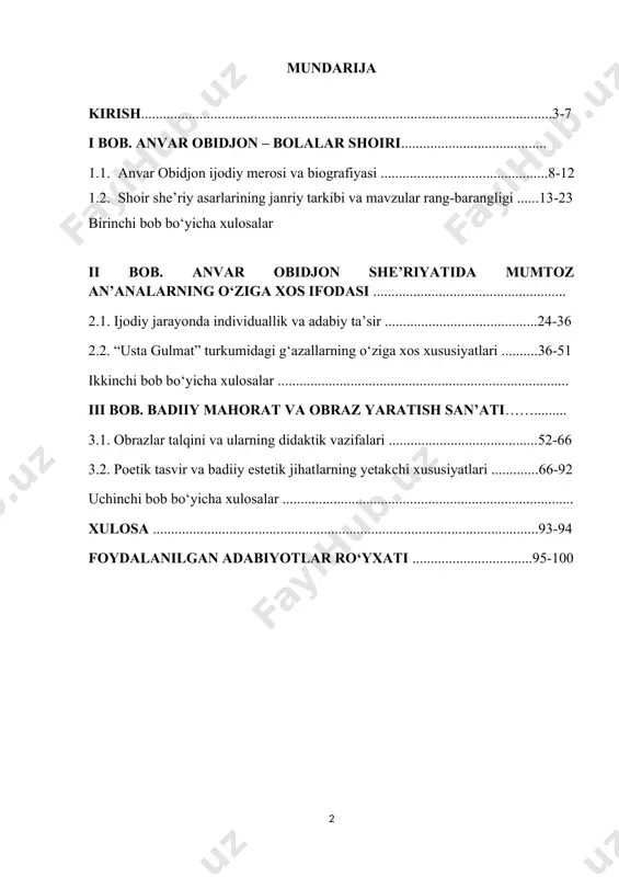 iga xosliklarini o‘rganish, uning badiiy-estetik, ma’rifiy-ma’naviy va ta’limiy-tarbiyaviy kamoloti hamda millat kelajagini belgilashda muhim o‘rin tutadi. darhaqiqat, bolalar adabiyotiga e’tibor insoniyat ma’naviy kamolotiga munosabat sifatida jamiyat rivojlanishida katta ahamiyatga ega bo‘lib, har bir milliy adabiyotda o‘ziga xos jihatlari bilan alohida ajralib turadi. dunyo adabiyotshunosligida bolalar adabiyoti yetakchi namoyondalari ijodining milliy va jahon bolalar adabiyoti rivojidagi o‘rni, an’anaviylik va badiiy mahorat, mavzu ko‘lami va badiiy talqindagi o‘ziga xosliklari muayyan bir shoir yoki yozuvchi ijodi tadqiq etilgan xilma-xil izlanishlar maydonga kelishi natijasida shonli tariximiz, qadriyatlarga munosabat, erkinlik, tafakkur, kelajak nasllar oldidagi mas’ullik tushunchalari mazmun-mohiyati tubdan o‘zgarishi o‘z navbatida adabiyotning muayyan darajada yangilanishiga ham sabab bo‘ldi. o‘zbek adabiyotshunosligida istiqlol davrida bolalar adabiyotida badiiy tafakkurga yangicha qarashlar hamda asarni baholashda yangicha yondashuv tamoyili kuchayib, shakl va mazmun jihatidan rivojlanib bordi. o‘zbek ma’naviy dunyosidan keng joy egallagan asarlar olamida o‘zbekning zabardast shoiri, iqtidorli bolalar yozuvchisi anvar obidjon ijodining o‘ziga xos o‘rni bor. u o‘zbek bolalar …