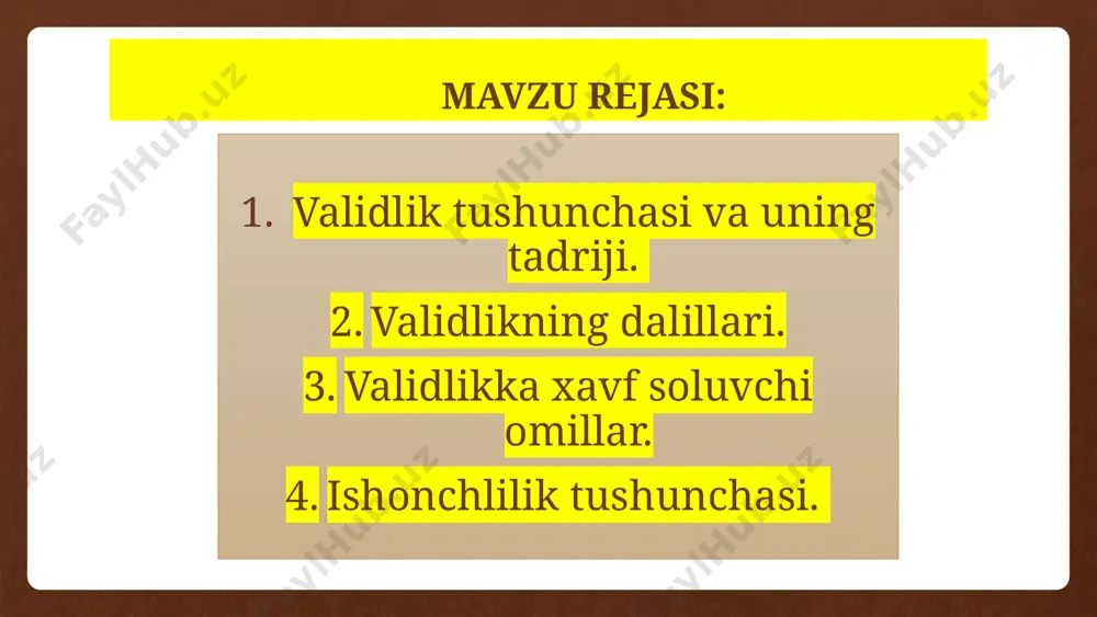 a’ni metodika mohiyati bilan mosligi. validlik turlari mazmuniy validlik joriy validlik prognostik validlik konstruktiv validlik mazmuniy validlik - test bilan tadqiq qilinayotgan harakatlaraning o‘zaro mosligini ifodalaydi. joriy validlik - natijalar bilan parallel tarzda qo'llangan mezonlarning mosligi. (tekshiruv o‘tkazilayotgan vaqtdagi o’zlashtirish, mahsuldorlik bilan testni bajarish natijalari). prognostik validlik - test natijalari bilan ma’lum vaqt oralig’idan so‘nggi mezonlar o‘rtasidagi moslik. bunda mezonlar sifatida masalan, maktabdagi o’zlashtirish, mehnat mahsuldorligi ko’rsatkichlari chiqishi mumkin. konstruktiv validlik - test bilan o‘rganilayotgan belgi o‘rtasidagi moillik natijalari boshqa testlar natijalari bilan taqqoslash . validlikning dalillari. test asosida asosli (valid) xulosalar chiqara olishimiz va bu xulosalar asosida to’g’ri qarorlar qabul qila olishimiz uchun testni tuzish, uni o’tkazish, uning natijalarini qayta ishlash va e’lon qilish bilan shug’ullanuvchi tashkilotlar validlikning bir qancha dalillarini keltirish kerak. testning mazuni bilan bog’liq dalillar testning mazmuni bilan bog’liq dalillar keltirish uchun testning mazmuni va test yordamida baholanishi (o’lchanishi) lozim bo’lgan konstrukt tahlil qilinadi. bunda, birinchi …
