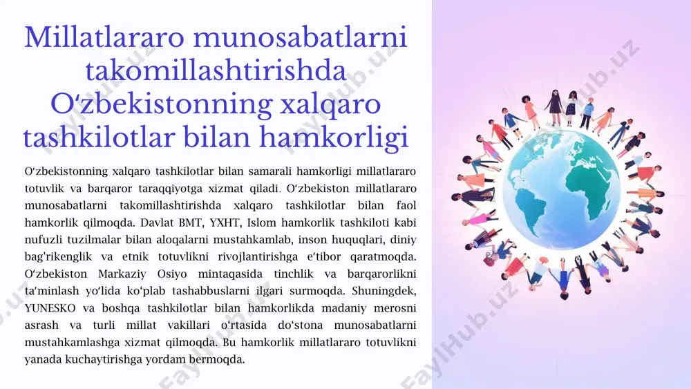 r taʼminlanmoqda. har bir fuqaro o‘z milliy o‘ziga xosligini saqlash huquqiga ega. etno-madaniy markazlar faoliyati ushbu tamoyilning amalda tatbiq etilishini ta’minlaydi. bu siyosat ijtimoiy barqarorlik va totuvlikka xizmat qiladi. fuqarolarning davlatga bo‘lgan ishonchini oshiradi. hurmat va bag'rikenglik oʻzbekiston diniy bag‘rikenglikni millatlararo totuvlikning muhim omili sifatida qaraydi. har bir shaxs o‘z diniy e’tiqodini erkin tanlash va unga amal qilish huquqiga ega. diniy konfessiyalar faoliyati qonuniy asosda tartibga solinadi. davlat diniy tashkilotlar ishlariga aralashmaydi, biroq ularning qonuniy faoliyatini qo‘llab-quvvatlaydi. o‘zbekiston musulmonlari idorasi, pravoslav cherkovi, yahudiy jamoalari kabi diniy tashkilotlar erkin faoliyat yuritmoqda. diniy taʼlim muassasalari faoliyati qonun asosida yo‘lga qo‘yilgan. diniy adabiyotlar va axborot vositalari erkin tarqalmoqda. yoshlar orasida diniy bag‘rikenglikni targ‘ib qilish bo‘yicha keng ko‘lamli dasturlar amalga oshirilmoqda.bu tamoyil ijtimoiy totuvlikni saqlashda muhim ahamiyat kasb etadi. inson huquqlari va erkinliklarini kafolatlash o‘zbekiston fuqarolarning asosiy huquqlari va erkinliklarini, shu jumladan etnik ozchilik vakillarining huquqlarini himoya qilishga alohida e’tibor qaratadi. har bir fuqaro …