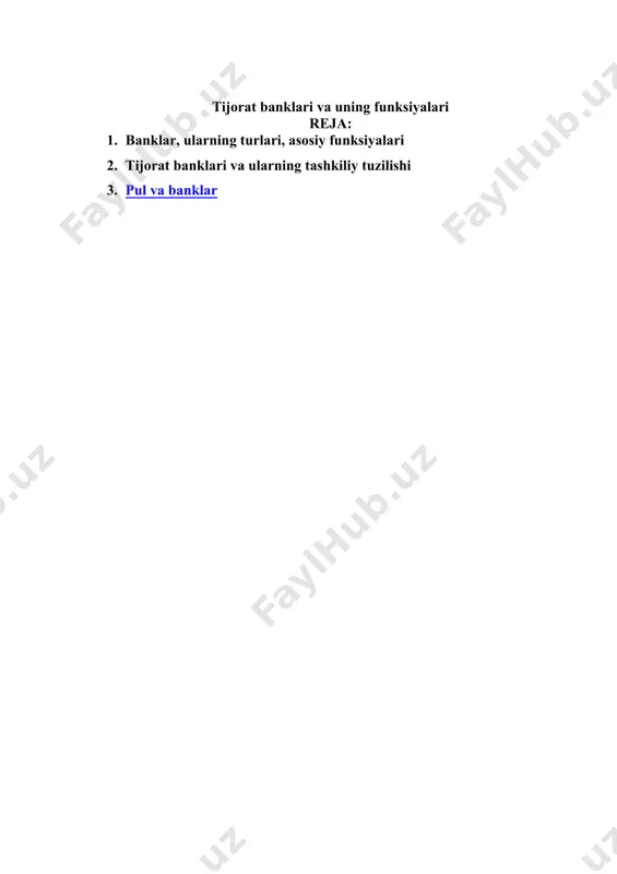 ini saqlaydi, davlat va tijorat bankiga kreditlar beradi. tijorat banki-o’z navbatida universal va ixtisoslashgan banklarga bo’linadi. ixtisoslashgan bank investitsiya banki, jamg’arma (omonat) banki, maxsus bank, kooperativ bank va boshqalardan iborat. tijorat banki universal bank bo’lib jismoniy va yuridik shaxslarga xilma-xil bank xizmatlari ko’rsatadi (depozitlarni jalb etish, veksel hisobi, kredit berish, qimmatbaho qog’ozlarni sotish va sotib olish). bu bank bank va kredit tizimining o’zagini tashkil etadi. mulk shakliga ko’ra, turlariga ko’ra banklarning quyidagi turlari bor: davlat banki, davlat ishtirokidagi aralash bank, davlatlararo bank, xalqaro bank, chet el sarmoyasi ishtirokidagi bank, aksiyadorlik bank, bankirlar uyi, kooperativ bank, mahalliy o’z-o’zini boshqarish banki, kommunal bank, xususiy bank va boshqalar. o’zbekiston respublikasi banktizimini shakllantirish va rivojlantirish strategiyasi iqtisodiyotni xo’jalik yuritishning bozor sharoitlariga bosqichmabosqich o’tkazish dasturiga mos keladi. o’tgan davrda bank islohotlari davomida milliy bank tizimining 2 bosqichli strukturasi (yuqori bosqichda — markaziy bank, quyi bosqichda — tijorat banklari) huquqiy jihatdan mustahkamlandi; bankning soni va ular …