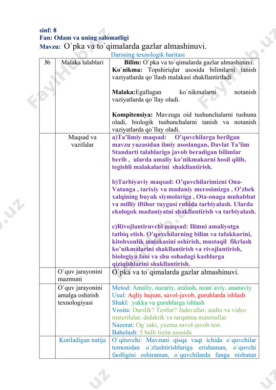 uvchilarda fanga nisbatan qiziqish uyg`otaman, o`quvchilarga mustaqil o`rganish va hotirasida saqlash boshqalarga etkaza olish, savol berish va savollarga to`g`ri javoblarga o`rgataman. o`quvchi: o`quvchilar mavzu yuzasidan bilim va ko`nikma hosil qiladilar, mustaqil fikrlay oladilar, qisqa vaqt ichida ma’lumotlarga ega bo`ladilar. kelgusi rejalar o`qituvchi: pedagogik texnologiyalarni o`zlashtirish va darsga tatbiq etish, takomillashtirish, akt vositalaridan unumli foydalanish yo`llarini o`rganish, o`z ustida ishash o`quvchi: mustaqil tadqiqot, izlanishni yo`lga qo’yadi, o`z fikrini savodli ifodalay olish va do`stlarini fikrini hurmat qilishga o`rganish mavzu asosida qo`shimcha materiallar izlab topishga harakat qilish, ularni o`rganish. do`stona muhitda hamkorlikda ishlash ko`nikmasini shakllantirish. uyga vazifa mavzuni o`qib o`rganib kelish darsning texnik chizmasi: dars bosqichlari vaqt tashkiliy qism. 3 daqiqa yangi mavzuni boshlashga hozirlik 12 daqiqa yangi mavzuni yoritish 12 daqiqa guruhlarda ishlash. yangi mavzuni tahlil qilish 15 daqiqa darsni yakunlash 3 daqiqa uyga beriladigan topshiriqlar 3 daqiqa darsning borishi : tashkiliy qism: 1. salomlashish. 2. davomadini aniqlash. 3. darsga tayyorgarlik ko’rish. …