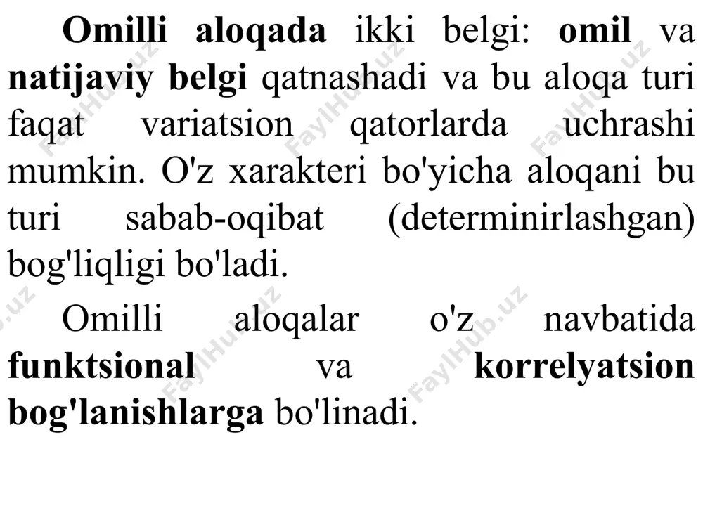 i. ya’ni sabab va oqibat belgilar munosabatlari orqali emas, balki bevosita munosabatlar orqali bog‘lanishda bо‘ladi. 12 statistikada har dom ham bog‘lanishlarni miqdoriy jihatdan baholashni о‘tkazish kerak emas. eng muhimi bog‘lanishlarning yо‘nalishi va xarakteri, bir omilning ikkinchisiga ta’sir etish shaklini aniqlashdir. statistikada bog‘lanishlarning mavjudligi, yо‘nalishi va xarakterini aniqlash uchun quyidagi usullardan foydalaniladi: parallel ma’lumotlarni keltirish; analitik guruhlash; grafik; korrelyatsiya. korrelyatsion-regression tahlil yordamida asosan ikki turdagi masala yechiladi: 1. belgilar о‘rtasidagi bog‘lanishni ifodalovchi regressiya tenglamasini aniqlash va uni ma’lum ehtimol (ishonch darajasi) bilan baholash: 2. bog‘lanish zichligini aniqlash. korrelyatsion-regression tahlilni qо‘llashda statistik tо‘plam quyidagi talablarga javob berishi kerak: natijaviy belgining о‘rtacha miqdori soxta bо‘lmasligi; tasodifiy xatolar ta’sirining yо‘qolib ketishi uchun tо‘plam miqdori yetarlicha katta bо‘lishi; tо‘plamning birliklari о‘zaro bog‘lanmagan bо‘lishi; natijaviy belgi omillarning barcha qiymatlarida normal taqsimot qonuniga bо‘ysunishi yoki unga yaqin bо‘lishi. 13 n=60 18 13 21 8 nx 22 – – 19 3 0.8 12 4 6 2 – 0.6 …