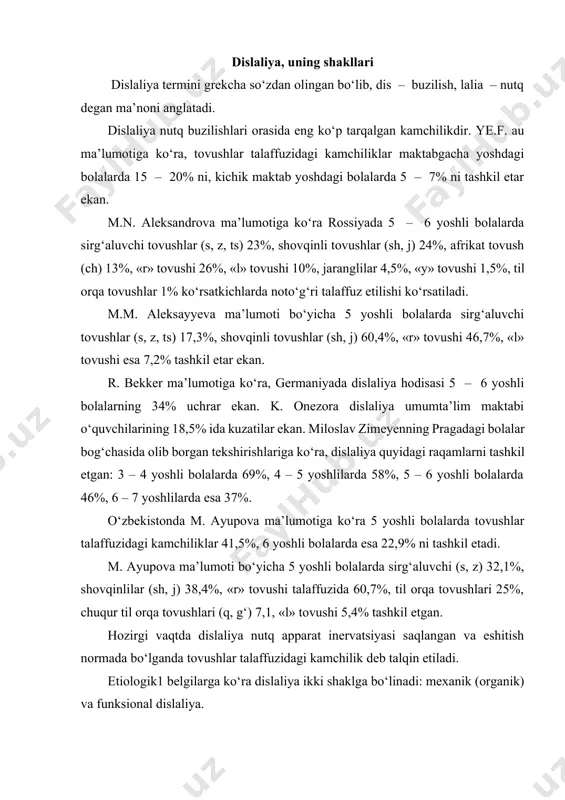 ga ko‘ra dislaliya ikki shaklga bo‘linadi: mexanik (organik) va funksional dislaliya. mexanik dislaliya va uning sabablari mexanik (organik) dislaliya periferik nutq apparatning (til, jag‘, tanglay, tish) organik buzilishi natijasidir. til tagidagi etning (yugancha) kaltaligi mexanik dislaliyaga sabab bo‘ladi. bu kamchilik til harakatini qiyinlashtiradi, til tagidagi etning haddan tashqari kalta bo‘lishi tilning yuqori tomon ko‘tarilishiga imkon bermaydi. bundan tashqari, tilning haddan tashqari katta bo‘lishi yoki haddan tashqari kichik va tor bo‘lishi ham dislaliyaga olib keladi. bunday hollarda to‘g‘ri artikulyatsiya qiyinlashadi. jag‘ tuzilishidagi kamchiliklar prikus nonormalliklarga olib keladi. nonormal prikuslar bir necha xil ko‘rinishda bo‘lishi mumkin. prognatiya – yuqori jag‘ oldinga tomon chiqqan bo‘ladi. buning natijasida pastki oldingi tishlar yuqoridagi tishlar bilan birlashmaydi (4-rasm). progeniya – pastki jag‘ oldinga chiqqan bo‘ladi (5-rasm). ochiq prikus-yuqori va pastki jag‘lar birlashganda ular orasida oraliq masofa qoladi. ayrim hollarda bu oraliq faqat oldingi tishlar orasida bo‘ladi (oldingi ochiq prikus) (6-rasm) . yoni ochiq prikus o‘ng tomonli, …