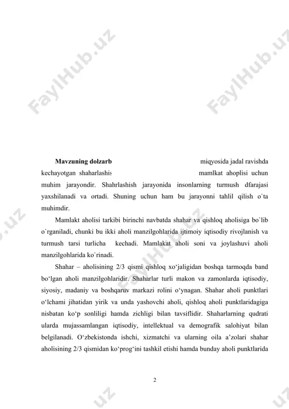 o‘prog‘ini tashkil etishi hamda bunday aholi punktlarida sanoat korxonalari (og‘ir industrial), kommunal xo‘jalik tashkilotlari, davlat uy-joy fondi, o‘quv yurtlari, madaniy-ma’rifiy, tibbiy, savdo va maishiy xizmat ko‘rsatish muassasalari mavjud bo‘lishi lozim. iqtisodiy taraqqiyot va kambagʻallikni qisqartirish vazirligi axborot xizmati bergan maʼlumotlarga koʻra, 2024-yil 1-yanvar holatiga o‘zbekistonda doimiy aholi soni 36 799 800 kishini tashkil etdi. oʻzbekiston respublikasining doimiy aholisi hududlar bo‘yicha eng ko‘p samarqand viloyatida 4 208 500 kishi, farg‘ona viloyatida 4 061 500 kishi, qashqadaryo viloyatida 3 560 600 kishi, eng kam aholi soni sirdaryo viloyatida 914 ming kishi, navoiy viloyatida 1 075 300 kishi va jizzax viloyatida 1 507 400 kishini tashkil etgan. shunday qilib o‘zbekistonda aholi soni 4 milliondan oshgan viloyatlar soni ikkitaga yetgan.o‘zbekistonda 2024-yil 1-yanvar holatiga 1 kvadrat kilometrga o‘rtacha 82 kishi to‘g‘ri kelgan. bu esa o‘tgan yilning mos davriga nisbatan solishtirilganda 1,8 kishiga ortgan (2023-yil 1-yanvar holatiga 1 kvadrat kilometrga 80,2 kishi). hududlar bo‘yicha qaraydigan bo‘lsak, …