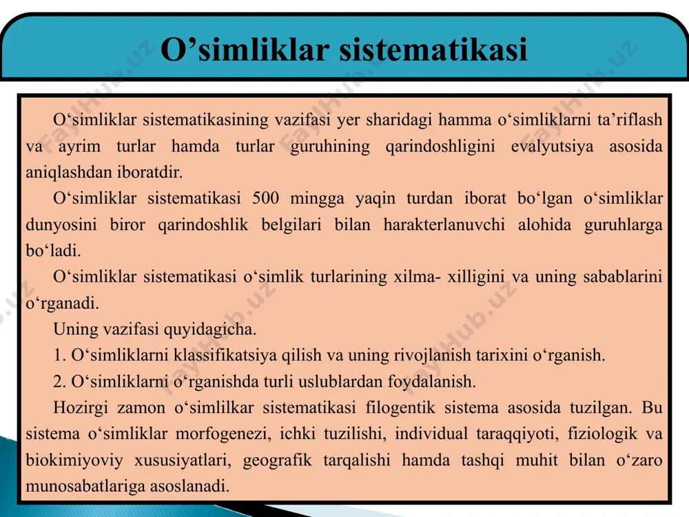 i. u o‘simliklarni 23 sinfga ajratadi, 24 – chi sinfga suvo‘tlar, zamburug‘lar moxlar va paporotniklarni kiritadi. o‘simliklar sistematikasida tabiiy uslubga tomon keskin burilish fransuz olimi m.andonsonning “o‘simliklar oilalari” (1763-1764) nomli kitobi nashrdan chiqqan keyin sodir bo‘ladi. a.l.jyusening (1788) o‘simliklarni 15 sinfga ajratdi, 100 ta “tabiiy tartiblar” chegarasini xix asrda o.p.dekandol(1813-1819), r.braun (1825), m.a.masimovich (1804-1873), s.endlixer (1836-1840), a.broner (1843)lar fanga ulkan hissa qo’shishdi. o’simliklar sistematikasi hozirgi zamon sistematikasi o‘simliklarni puxta o‘rganish uchun, quyidagi usullardan foydalanadi. 1.o‘simlilkarni paydo bo‘lishini solishtirish (solishtirma-morfologik usul). 2.individual rivojlanishini o‘rganish (ontogenetik usul). 3.o‘tgan geologik davrlarda o‘sgan o‘simliklar to‘g‘risidagi ma’lumotlarni yig‘ish (paleobotanik usul) 4.o‘simlik organizmlarining anotomik tuzilishini o‘rganish (anotomik usul). 5.har bir o‘simlikning tarqalish hududini o‘rganish (geografik usul). bulardan tashqari sistematika fani yana bir qancha boshqa yordamchi usullardan foydalandi. yuqoridagi usullarda o‘rganilgan o‘simliklar turli guruhlarga bo‘linadi, shu guruhlar taksanomik birliklar yoki sistematik birliklar deyiladi. hozir sistematikada 6 ta taksanomik birlik keng qo‘llaniladi: bo‘lim - divisio, sinf - classis, …