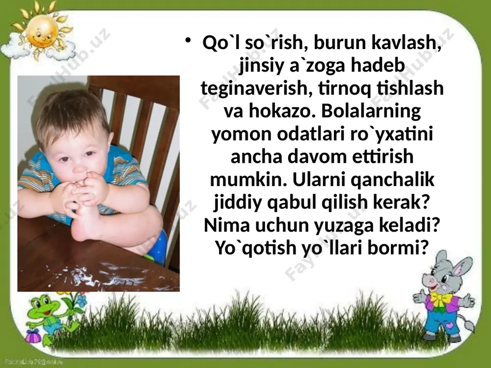 nki «barmog`ingni og`zingga solma» yoki «nega hadeb burningni kavlayverasan?» degan tanbehlar, ayniqsa, ular ko`pchilik orasida aytilsa, farzandingiz ruhiyatiga yomon ta`sir o`tkazadi. natijada yo bola bu odatini umuman tashlamaydi, yoki o`rniga undan-da xunukroq boshqa bir qiliq chiqaradi. u bu odatni kimdadir ko`rib, shunchaki bolalikka xos taqlidchilik bilan takrorlayaptimi yo buning zamirida boshqa chuqur psixologik muammo bormi? bu savolga javob topish uchun oiladagi muhitni ota-ona bir tanqidiy nazardan o`tkazishi kerak. agar uyda hammasi joyida bo`lsa, muammoning ildizini bog`cha yo maktabdan qidiring: bog`cha opasi yoki tengdoshlari tomonidan tazyiq yo bosim o`tkazilmayaptimi, birov uning ustidan kulmayaptimi, umuman, bolangiz sizdan biror sir bekitmayaptimi? agar bu savollarga ham «yo`q» javobini olsangiz, demak, bu oddiy taqlidchilik. muammoning yechimi qaerda? kichkintoy bilan ruhan yaqin bo`lish, uning ichki dunyosi va ruhiyatini anglash, yashirin istaklarini aniqlab, ularni yo ro`yobga chiqarish yoki ulardan voz kechishga ko`ndirish — mana shular muammoning echimidir. bundan tashqari, farzandingizdan yoshiga va salohiyatiga munosib narsani talab qilish …