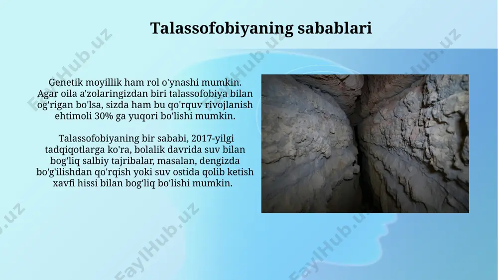 savvur qilish va haqiqiy hayotdagi ekspozitsiya, aqsh va buyuk britaniyada keng qo'llaniladi agrofobiyaning davolash usullari biofeedback terapiyasi, yurak urishi va nafas olish tezligini nazorat qilish orqali, agrofobiya alomatlarini kamaytirishga yordam beradi. bu usul 5-6 haftalik kurslarda samarali bo'lishi mumkin, ammo individual natijalar farq qilishi mumkin. agrofobiyaning og'ir holatlarida, 20 mg dozasi bilan, benzodiazepinlar kabi anksiyolitiklar qisqa muddatli yordam sifatida qo'llanilishi mumkin, ammo faqat shifokor nazorati ostida va toshkentdagi ixtisoslashgan klinikalarda. kasbiy yordam qidirish o‘zbekistondagi 150 dan ortiq psixologik yordam markazlari agrofobiya va talassofobiya bilan kurashishda professional yordam taklif etadi, jumladan, toshkent, samarqand va buxoroda. respublika ruhiy salomatlik ilmiy-amaliy markazi kabi muassasalar 24/7 telefon raqami orqali favqulodda holatlarda tezkor yordam ko'rsatadi va 102 raqamiga qo'ng'iroq qilish mumkin. talassofobiya nima? talassofobiya belgilari nafas olish qiyinchiliklaridan tortib, yurak urish tezligining oshishiga, 150/90 mm hg gacha bo'lgan qon bosimining ko'tarilishiga va filippin orollarida dengizga yaqin joylashgan odamlarda o'tkir xavotir hissiyotlariga qadar turlicha bo'lishi mumkin. …