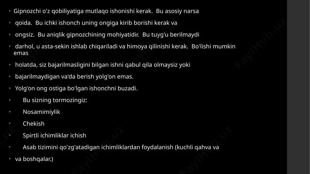 "chap qo'lingizni bo'shashtiring." biroz vaqt o'tgach, buyruq bering: "o'ng qo'lingizni keskin olib tashlang." agar chap qo'l to'xtatilgan bo'lsa, demak, taklif qilinadigan odam yaxshi bo'shashmagan. qo'l chorasiz yiqilishi kerak ikkinchi bozqa: (ong filtrini olib tashlash, ishonchni uyg'otish.) taklifdagi asosiy narsa - ishonchni keltirib chiqarish. og'irlashtiruvchi his qilish, chalg'itish bilan taklif qilish kerak uning ongining diqqatini, ongning diqqatini hislar sohasiga o'tkazish. buni amalga oshirish uchun tavsiya etilganlar bilan quyidagilarni bajarishingiz kerak: 1. unga nollarni birlashtiring, ko'zlarini yuming, ruxsat bering iloji boricha dam olish vazifasi. 2. orqa tomonning ikkala tomonida, qo'llaringizni quloqlari sohasidagi boshiga olib boring. 5-10 sm masofada.iroda sa'y-harakatlari bilan barmoq uchidan qo'ng'iroq qiling va kaftlarda karıncalanma hissi paydo bo'lgunga qadar issiqlik oqimini kaftlarga aylantiradi (o'xshash his elektroforez, boshqa individual hislar bo'lishi mumkin). 3. o'rnatishni sherikga bering: "e'tiboringizni sezgilarga qarating bosh sohasida." 4. u o'zini qanday his qilayotganini so'rang. javob: issiqlik hissi. ayting: “endi issiqlik hissi kuchayadi." kaftingizni sherigingizning peshonasiga olib boring. …