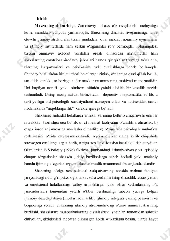 imoiy integratsiyaning pasayishi va beqarorligi yotadi. shaxsning ijtimoiy atrof-muhitdagi o‘zaro munosabatlarining buzilishi, shaxslararo munosabatlarning qiyinlashuvi, yaqinlari tomonidan subyekt ehtiyojlari, qiziqishlari inobatga olinmagan holda o‘tkazilgan bosim, ularda hayot mazmuni, xavfsizlik va "kerak"lilik hissining yo‘qolishi, ko‘pincha suitsidal xulq-atvor namoyon bo‘lish sabablaridan biri hisoblanadi. muammoning o‘rganilganlik darajasi. o‘tgan asrning 70-yillarida bir guruh olimlar tomonidan butunittifoq ilmiy-uslubiy suitsidologik markaz tashkil etilib, shu tariqa suitsidal holatlar kelib chiqishining sabablarini o‘rganishga nisbatan jiddiy yondashuvlar davri boshlandi. shu o‘rinda e.dyurkgeym, z.freyd, a.adler, k.menninger, g.k.yung, g.k.yung, g.s. salliven, k.rodjers, e.shneydman, n.farberou va boshqalar tomonidan olib borilgan ilmiy tadqiqot ishlari samarali natijalarni bergan. rus psixologiyasida suitsidal xulq-atvorga moyil ichki ishlar xodimlari psixologiyasini o‘rganish bo‘yicha bir qator ilmiy izlanishlar olib borilgan. bu sohada a.ye.shir, a.g.ambrumova, a.v.kovalev, a.ye.lichko, l.y.jezlova, ye.m.vrono), v.t.kondrashchenko va boshqalar muvaffaqiyatli ilmiy izlanishlar olib borganlar. ular o‘zlarining ilmiy tadqiqotlarida ichki ishlar xodimlari suitsidning kelib chiqish sabablari va motivlari hamda yosh va psixologik xususiyatlari, fiziologik va psixologik nosog‘lomlik xolatlarida …