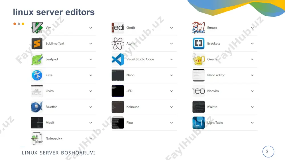 i kate/ kwrite muharriri. kate - bu kdesktop environment ( kde ) bilan ta'minlangan funksiyalarga ulanadigan matn muharriri. boy va yuqori darajada kate loyihasi ikkita asosiy mahsulotni ishlab chiqishga qaratilgan: katepart va kate . katepart - bu ko'plab kde ilovalariga kiritilgan ilg'or matn muharriri komponenti bo'lib, u foydalanuvchilardan matnni tahrirlashni talab qilishi mumkin, kate esa bir nechta hujjat interfeysi (mdi) matni, muharriri. $ sudo apt install kate $ sudo yum install kate [on debian, ubuntu and mint] [on rhel/centos/fedora and rocky/almalinux] $ sudo emerge -a sys-apps/kate [on gentoo linux] $ sudo apk add kate [on alpine linux] $ sudo pacman -s kate [on arch linux] $ sudo zypper install kate [on opensuse] 11 linux server boshqaruvi kate/ kwrite - xususiyatlaridan ba'zilari:. skript orqali kengaytirilishi mumkin. unicode rejimi kabi kodlashni qo'llab-quvvatlash. ikki tomonlama rejimda matnni ko'rsatish. 12 linux server boshqaruvi sublime text muharriri. sublime text - bu python dasturlash interfeysiga ega …