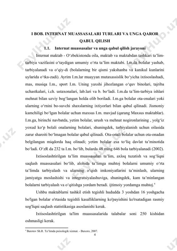 ʼlimda tarbiyalash va ularning oʻqish imkoniyatlarini taʼminlash, ularning jamiyatga moslashishi va integratsiyalashuviga, shuningdek, kam taʼminlangan bolalarni tarbiyalash va oʻqitishga yordam beradi. ijtimoiy yordamga muhtoj.[footnoteref:4] [4: barotov sh.r. ta’limda psixologik xizmat. - buxoro, 2007.] ushbu maktablarni tashkil etish tegishli hududda 3 yoshdan 16 yoshgacha bo'lgan bolalar o'rtasida tegishli kasalliklarning ko'payishini ko'rsatadigan rasmiy sog'liqni saqlash statistikasiga asoslanishi kerak. ixtisoslashtirilgan ta'lim muassasalarida talabalar soni 250 kishidan oshmasligi kerak. bolalar ixtisoslashtirilgan ta’lim muassasalariga 7 yoshdan , tayyorgarlik guruhlariga esa 6 yoshdan qabul qilinadi. maktab turlari: ixtisoslashtirilgan ta’lim muassasalari o‘z ixtisosligiga ko‘ra quyidagi turlarga (i – viii) bo‘linadi: i - kar (eshitmaydigan) bolalar uchun internatlar ; ii - eshitish qobiliyati zaif va kech kar bo'lgan bolalar uchun maktab-internatlar (1, 2-bo'limlar) ; iii - ko‘zi ojiz (ko‘zi ojiz) bolalar uchun “nurli maskan” ixtisoslashtirilgan maktab-internatlari ; iv - ko‘zi ojiz va kech ko‘r bolalar uchun “nurli maskan” ixtisoslashtirilgan maktab-internatlari ; v - og'ir nutqi buzilgan bolalar uchun …