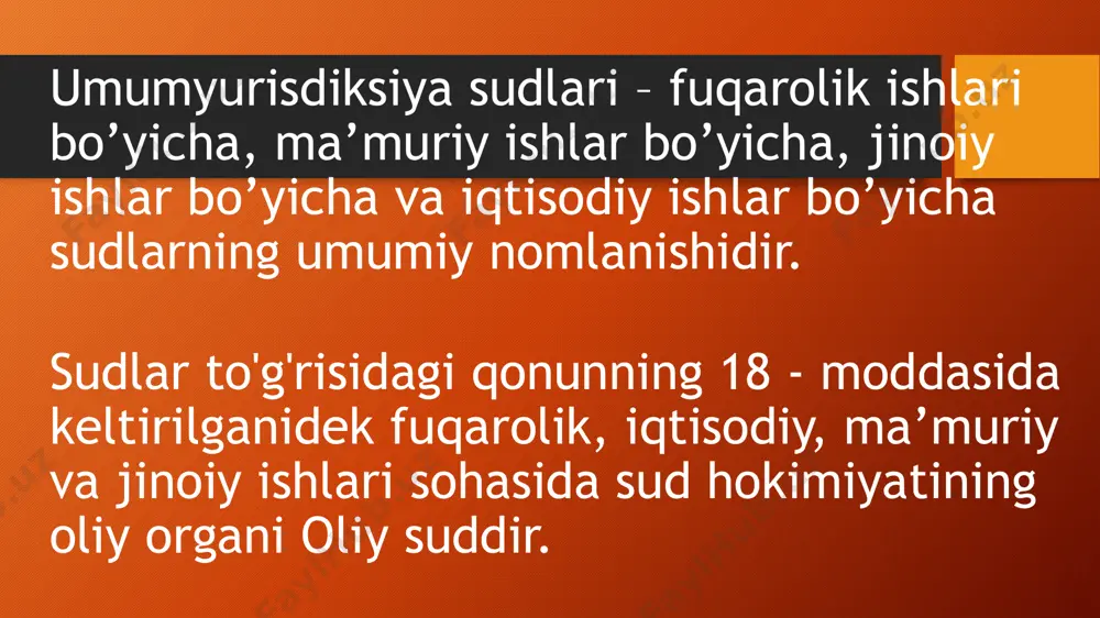 ish bekor qilish, haqiqiy emas deb topish shattlarini man qilish bilan bog’liq muammolar); raqobatga oid ishlar(chet el yuridik shaxslar xo’jalik boshqaruv organlari ytt hamda monopoliyaga qarshi organlar o’rtasida raqobat sohasidagi yuzaga keladiga nizolar); chet el, chat davlat sudlari va orbitrajlar qarorini tan olish. foydalanilgan adabiyotlar: 1. sudlar to’g’risida qonun. 2. fuqarolik protsessual kodeksi. 3.jinoyat protsessual kodeksi 4.ma'muriy sud ishlarini yuritish to’g’risidagi kodeksi 5. iqtisodiy protsessual kodeksi image2.png image3.png image1.png