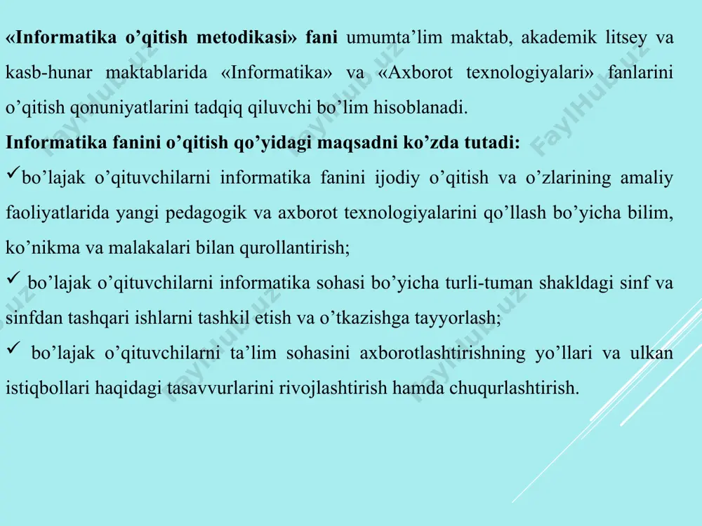 rag‘batlantirish usullari, oldindan belgilangan qoidalar bilan farq qiladi. informatikadan “viktorina”ni loyihalashtirish. 1. o‘qituvchi viktorina o‘tkaziladigan guruhlarni aniqlaydi. 2. viktorina savollarini tuzadi va viktorina o‘tkaziladigan kunni, qanday mavzular asosida o‘tkazilishini oldindan e’lon qiladi. 3.e’lon qilingan kuni darsdan keyin o‘qituvchi va o‘quvchilar viktorinada savol-javobga qatnashadigan guruh va tomoshabin o‘quvchilar yig‘iladi. 4. tomoshabinlardan baholovchi ekspertlar tanlanadi. 5. ikki guruh (ikki parallel sinf)o‘rtasida viktorina savollari ketma-ket beriladi. 6.ekspertlar tomonidan ballar qo‘yilib, faol guruh aniqlanadi. 7.qatnashuvchilar ”eng faol o‘quvchi”, “eng faol guruh”, “eng tezkor o‘quvchi” kabi nomlar bilan rag‘batlantiriladi. rag‘batlantirish maktab ma’muriyati, tadbirkorlar, otaliq tashkilotlar, faol ota-onalar tomonidan tashkil etilgan bo‘lib, qiziqarli kitoblar, ruchkalar, o‘quv qurollari va boshqa ko‘rinishlarda bo‘lishi ham mumkin. muammoli va mantiqiy nazorat savollari. 1. informatikadan darsdan tashqari mashg‘ulotlar boshqa fanlarning darsdan tashqari mashg‘ulotlaridan qanday farq qiladi? 2. informatika va matematika fanlaridan hamkorlikdagi darsdan tashqari mashg‘ulotlar qanday tashkil etiladi. 3. informatika va fizika (ona tili, kimyo va boshqa.) fanlaridan hamkorlikdagi darsdan tashqari …