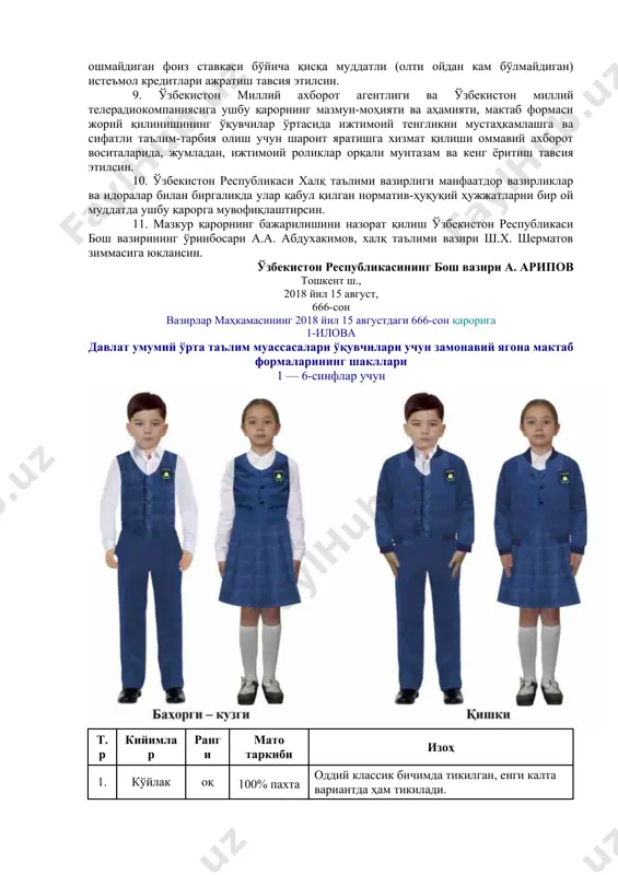 чаларини ташкил этсин ва уларнинг жойлашиш манзилларини оммавий ахборот воситалари орқали эълон қилсин. 6. ўзбекистон республикаси соғлиқни сақлаш вазирлиги, «ўзстандарт» агентлиги, «ўзтўқимачиликсаноат» уюшмаси, ўзбекистон республикаси халқ таълими вазирлиги мактаб формасининг белгиланган стандартларга, санитария қоидалари нормалари ва гигиена нормативларига мувофиқ сифатли тўқимачилик маҳсулотларидан тайёрланиши устидан назорат ўрнатсин. 7. ўзбекистон республикаси халқ таълими вазирлиги: 2018/2019 ўқув йилидан бошлаб мактаб формасининг давлат умумий ўрта таълим муассасаларида ихтиёрий жорий қилинишига кўмаклашсин; 2019/2020 ўқув йилидан бошлаб мактаб формасининг давлат умумий ўрта таълим муассасаларида тўлиқ жорий этилишини таъминласин; ўқувчиларнинг ота-оналари ёки уларнинг ўрнини босувчи шахслар орасида давлат умумий ўрта таълим муассасаларига мактаб формасида келишнинг афзалликлари тўғрисида тушунтириш ишларини олиб борсин. 8. тижорат банкларига аҳолининг мактаб формаларини харид қилиши учун ўзбекистон республикаси марказий банкининг қайта молиялаштириш ставкасидан ошмайдиган фоиз ставкаси бўйича қисқа муддатли (олти ойдан кам бўлмайдиган) истеъмол кредитлари ажратиш тавсия этилсин. 9. ўзбекистон миллий ахборот агентлиги ва ўзбекистон миллий телерадиокомпаниясига ушбу қарорнинг мазмун-моҳияти ва аҳамияти, мактаб …