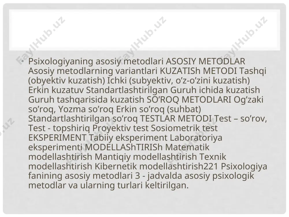 mumkin. hozirgi kunda psixologiya fanida tadbiqiy va amaliy sohalari hamda psixologiyaning maxsus tarmoqlaridan - yosh va pedagogik psixologiya, ijtimoiy psixologiya, iqtisodiy psixologiya, yuridik psixologiya, sanoat va ishlab chiqarish psixologiyasi, boshqaruv psixologiyasi, tibbiyot psixologiyasi, psixodiagnostika va differensial psixologiyalar mavjud bo’lib, ular ijtimoiy hayotning barcha sohalarida keng qo’llanilib kelmoqda. oila va nikox borasidagi tadbiqiy ishlar o’zbekistonda endi shakllanayotgan, lekin nazariy nuqtai nazardan ma’lum an’analarga ega bo’lgan sohadir. 1998 yilning prezidentimiz tomonidan «oila yili» deb e’lon qilinishi joylarda psixologik xizmat o’choqlarining paydo bo’lishiga va u yerlarda psixologik xizmatidan foydalanishni anglashga turtki bo’ldi. shuning uchun respublikamizda oila muamolarini maxsus tadqiq etadigan ilmiy-amaliy “oila” markazi ham tashkil etilganki, bu markazda turli sohaga aloqador mutaxassislar oilani shaxs ijtimoiylashuvining asosiy maskanlaridan biri sifatida o’rganib kelmoqdalar. sanoat va ishlab chiqarish sohasi sanoat va mahsulotlar ishlab chiqarish sohasida tadbiqiy ishlar birinchi navbatda konkret tashkilotda kadrlar zahirasini to’g’ri va oqilona tashkillashdan tortib, xodimlar ish sharoitlari va mehnat unumdorligiga ta’sir etuvchi …