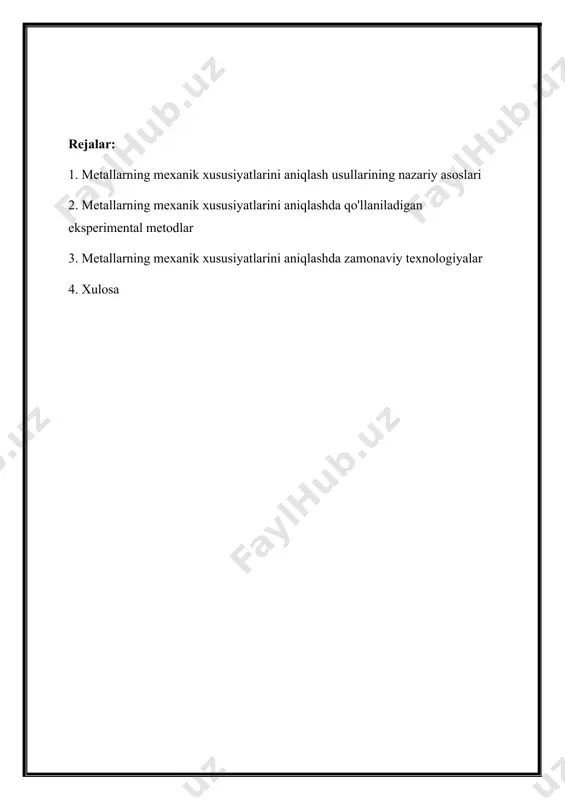i nazariy asoslar bilan bir qatorda, metallarning mexanik xususiyatlarini o'rganish uchun turli xil eksperimental usullar ishlab chiqilgan. ular orasida tortish, bosim, burish va boshqa mexanik testlar mavjud. bu testlar orqali metallarning kuchlanish-deformatsiya xususiyatlari, elastiklik koeffitsienti va plastiklik chegaralari aniqlanadi. shuningdek, bu usullar bilan metallning kuchli va zaif tomonlarini o'rganish, uning ishlash muddatini oshirish va qimmatbaho materiallardan samarali foydalanish mumkin. metallarning mexanik xususiyatlarini o'rganish jarayonida nazariy va eksperimental usullar o'rtasida muvozanatni saqlash zarur. nazariy asoslar orqali olingan natijalar eksperimental ma'lumotlar bilan tasdiqlanishi kerak. bu, o'z navbatida, metallarning mexanik xususiyatlarini o'rganish jarayonini yanada ishonchli va aniq qilishga yordam beradi. agar nazariy model va eksperimental ma'lumotlar o'rtasida farq mavjud bo'lsa, bu metallarning xususiyatlariga ta'sir etuvchi qo'shimcha omillarni aniqlash imkonini beradi. metallarning mexanik xususiyatlarini aniqlash usullarini takomillashtirish va yangi usullarni ishlab chiqish, materiallar ilmida davom etayotgan dolzarb vazifalardan biridir. yangilangan usullar va texnologiyalar, metallarning mexanik xususiyatlarini yanada chuqur o'rganish va ularni yangi materiallar ishlab …