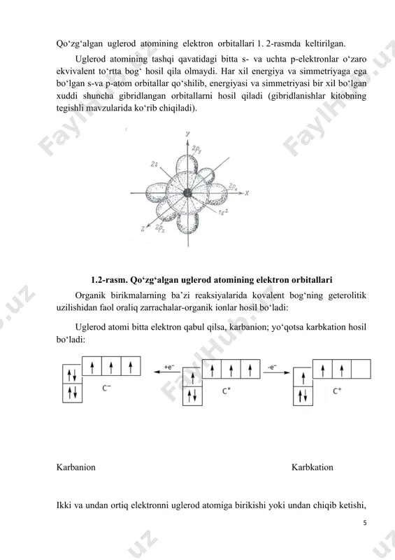 darajasi tushunchasi o’rniga valentlik tushunchasi qo’llaniladi.uglerod atomining qo’zg’algan holatdagi valentligi doimo 4 ga teng ya’ni u to'rtta kovalent bog’lanishga ega. 1.2.organik birikmalarning tuzilishi nazariyasining yaratilishi. xix asr o‘rtalarida minglab yangi organik moddalar olindi va katta daliliy material to‘plandi. lekin dalil va ma’lumotlarni umumlashtiruvchi, kimyoviy o‘zgarish va qonuniyatlarni asoslab beruvchi nazariyaning yo‘qligi organik kimyoni yanada rivojlanishiga to‘sqinlikqildi.dastlabki nazariya sifatida radikallar nazariyasi (gey-lyussak, vyoler, libix) vujudga keldi. bu nazariyaga muvofiq noorganik moddalar atomlardan tuzilgani singari organikmoddalar radikallar (bir yoki bir necha atomlardan iborat qoldiqlar)dan tuzilgan. kimyoviy reaksiyalarda bu radikallar bir modda tarkibidan ikkinchisiga o‘zgarmasdan o‘tadi. organik kimyoning rivoji radikallar nazariyasini tasdiqlaganday bo‘ldi. chunki ch3-metil, c6h5-co-benzoil kabi radikallar topildi. lekin radikallarni sof holda ajratib olish ishlarining natijasiz chiqqanligi va ayrim reaksiyalarda radikallarning ham o‘zgarishi aniqlanganligi sababli bu nazariya fanda uzoq hukm surmadi. xix asr kimyogarlarining quyidagi ishlari organik birikmalar tuzilish nazariyasining yaratilishiga asos bo‘ldi: -shved olimi k.sheele xviii asrningikkinchi yarmida tabiiy mahsulotlardan vino, …