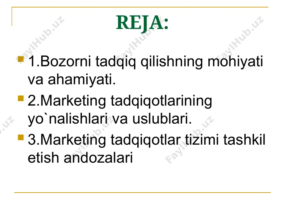 ni qabul qilish va uning potensiali 89 73 qadoqlashni o`rganish 91 61 sotish kanallarini o`rganish 99 83 sotish to`lovlarini o`rganish 83 73 turli xil tovarlarning harakatini yengillashtiruvchi harakatlarni o`rganish 86 67 baholarni tashkil qilishni tahlil qilish 91 90 ekologiya ta`sirini tahlil qilish 37 35 reklama e`lonlari samaradorligini tahlil qilish 86 67 bozorni tadqiq qilish – marketing tadqiqotlarining ma`lum bir qismidir xolos. faqat shartli ravishdagina ularning marketing tadqiqotlarining asosi deb qabul qilish mumkin. bozorni tadqiq qilish jarayonida: - bozorga kiritilayotgan yoki unda mavjud bo`lgan mahsulotning mumkin bo`lgan sotish miqdori; - tovarning iste`mol xuxusiyatidagi va boshqa tavsiflarining o`zgarishi tendensiyasi; - yoshi, jinsi, hududiy, ijtimoiy, oilasidagi kishilar soni, o`zini tutishi, daromadi darajasi bo`yicha iste`molchilar guruhi; - assortimentni rejalashtirish, sotish va reklamani tashkil qilishda xaridorlarning istagi; - mahsulotning sotilishi mi`dori, uning umumbozor sig`imidagi ulushi (hududlar va sigmentlar bo`yicvha ham); -firmaning raqobatbardoshligi va uning bozordagi o`rni aniqlanadi. ko`rinib turibdiki, bozor to`g`risidagi ma`lumotlar miqdori katta va …