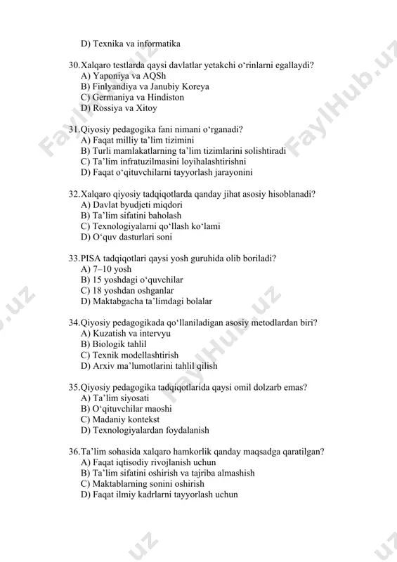 i omil muhim ahamiyatga ega? a) faqat texnik ta’limni rivojlantirish b) innovatsion ta’lim metodlarini joriy etish c) faqat milliy an'analarni saqlab qolish d) xorijiy tillarni cheklash 48. “lifelong learning” tushunchasi nima anglatadi? a) maktab davrida o‘qishni yakunlash b) faqat oliy ta’limni olish c) hayot davomida o‘qish va rivojlanish d) faqat ish o‘rnida o‘qitish 49. o‘zbekistonda ta’lim tizimini modernizatsiya qilish qaysi hujjat asosida olib borilmoqda? a) “ta’lim to‘g‘risida”gi qonun b) yangi o‘zbekiston strategiyasi c) prezident farmoni d) “2030 yilgacha rivojlanish strategiyasi”. 50. qiyosiy pedagogika fanining kelajagi qanday omillarga bog‘liq? a) faqat iqtisodiy rivojlanishga b) ta’limda innovatsiyalarni joriy etish va madaniyatlararo almashinuvga c) faqat milliy ta’lim tizimlariga e'tibor qaratishga d) davlatlararo raqobatga 51. qiyosiy pedagogikaning eng asosiy funksiyalaridan biri nima? a) faqat o‘quv dasturlarini ishlab chiqish b) ta’lim tizimlarini tahlil qilish va mukammallashtirishga ko‘maklashish c) davlat byudjetini taqsimlashni tashkil etish d) o‘qituvchilarni tayyorlashni boshqarish 52. qiyosiy pedagogikada "konvergensiya" tushunchasi nimani anglatadi? a) …
