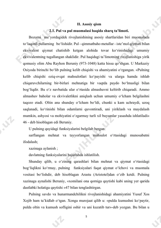 at qo‘shin soni bilan emas, balki xazina imkoniyatlari bilan belgilanadi ibn xaldunning pul va pul nazariyasi haqidagi ta’limoti. pul haqidagi ta’limotni rivojlanishiga ibn xaldun salmoqli hissa qo‘shgan. u faqat pulning mohiyati, funksiyalarini emas, balki pul muomalasiga doir masalalarni ham chuqur o‘rgangan. yuqorida biz sharq mutafakkirlarining odam o‘zini yashash vositalari bilan ta’minlash uchun mehnat qilishi lozim degan aqidalarni keltirgan edik. ibn xaldun ana shu mehnat mahsulini vazifasiga ko‘ra ikki qismga bo‘ladi: «mehnat daromadlari, agar ularning hajmi yashash uchun zarur harajatlardan ortiq bo‘lmasa, inson uchun yashash vositasidir. agar bu hajmdan ortiq bo‘lsa, unda boylikdir»48 ibn xaldun mayda tovar ishlab chiqarish xo‘jaligi davrini o‘rgangan, binobarin, tayyorlangan mahsulotni almashtirish uchun vosita zarurligini yaxshi tushungan. shuning uchun u pulning vazifasini ifodalab: «qimmat baho metallar shunday asbobdirlarki, ular yordamida zarur narsalar sotib olinadi va ularning kamayishi yoki ko‘payishi ijtimoiy hayotning ahvoliga bog‘liqdir»49 - deb yozgan. har bir odamga zarur bo‘lgan yashash vositalariga oldi-sotdi orqali erishiladi. uni …
