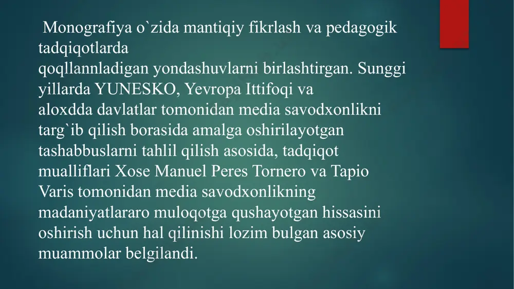 tan tanqidiy yondashishi lozim. avvalo: · huquqiy demokratik jamiyatimizning to ‘ laqonli , faol fuqarosi sifatida amalga oshirilayotgan islohotlar mazmun - mohiyatini tushunish ; · oav orqali uzatilayotgan va qabul qilinayotgan kundalik axborotni saralash ko ‘ nikmalarini shakllantirish ; · axborot orqali inson ongini boshqarishga yo ‘ l qo ‘ ymaslik va har qanday vaziyatda to ‘ g ‘ ri qaror qabul qilish ; · insonning vizual obrazlar ta ’ siri ostida ijobiy yoki salbiy tomonga o ‘ zgarishlarini tahlil eta olish va vizual xabarlar ostida beriladigan ko ‘ rinmas ma ’ lumotlarni “ o ‘ qi y o lish ”; har oyda o‘zgarib turgan mazkur raqamlar bugungi kunda zarur axborotni kerak emasidan ajratish, media orqali savodxonlikka ega bo‘lish zaruratini qo‘ydi. xo‘sh, mediasavodxonlik nima? nega bugun uning ahamiyati tobora ortib bormoqda? so‘nggi yillarda axborot oqimining bir necha barobar tezlashishi, ijobiy ma’lumotlar bilan bir qatorda salbiy xarakterdagi axborotning ko‘payishi mediasavodxonlikka ega …