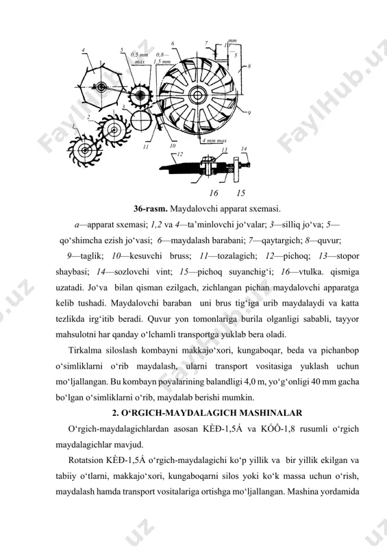 a o‘rnatib ishlatiladi. ish organlari traktor quvvat olish vali (qov)dan harakatga keltiriladi. qamrash kengligi 1,5 m, harakat tezligi 6—8 km/soatni tashkil etadi. qirqish uzunligi 1,2—20 sm. rotorli baraban uchlariga sapfalar payvandlangan trubadan iborat. trubaga quloqlar va kronshteynlar yordamida vint chiziq bo‘ylab kengligi 665 mm li bolg‘a tiðidagi 28 juft pichoqlar sharnirli mahkamlangan. o‘rgich tirkalma bo‘lib, ish organlari traktor qovdan harakatga keltiriladi. mtç80x, ttç-1000 va t-4a traktorlariga tirkab ishlatiladi. sidirg‘a o‘ruvchi jatka bilan komplektlangan mashinaning ish jarayoni quyidagicha kechadi. agregat yurib ketayotganda motovilo massani qirqish apparatiga keltiradi. qirqilgan massa shnekka joylanadi va darcha orqali ta’minlash jo‘valariga uzatiladi. jo‘valar massani qirqish apparatiga keltiradi. qirqilgan massa shnekka joylanadi va darcha orqali ta’minlash jo‘valariga uzatiladi. jo‘valar massani zichlab, maydalangan massani baraban parraklari truba orqali transport vositalariga chiqaradi. maydalash apparati maydalovchi baraban, qarshi qirquvchi plastinka va charxlash qurilmasidan tuzilgan. maydalovchi barabanga sakkizta almashtiriladigan parrak-disk kiradi. parraklarga yassi pichoqlar mahkamlangan. barabanning har bir pichog‘i individual tarzda …