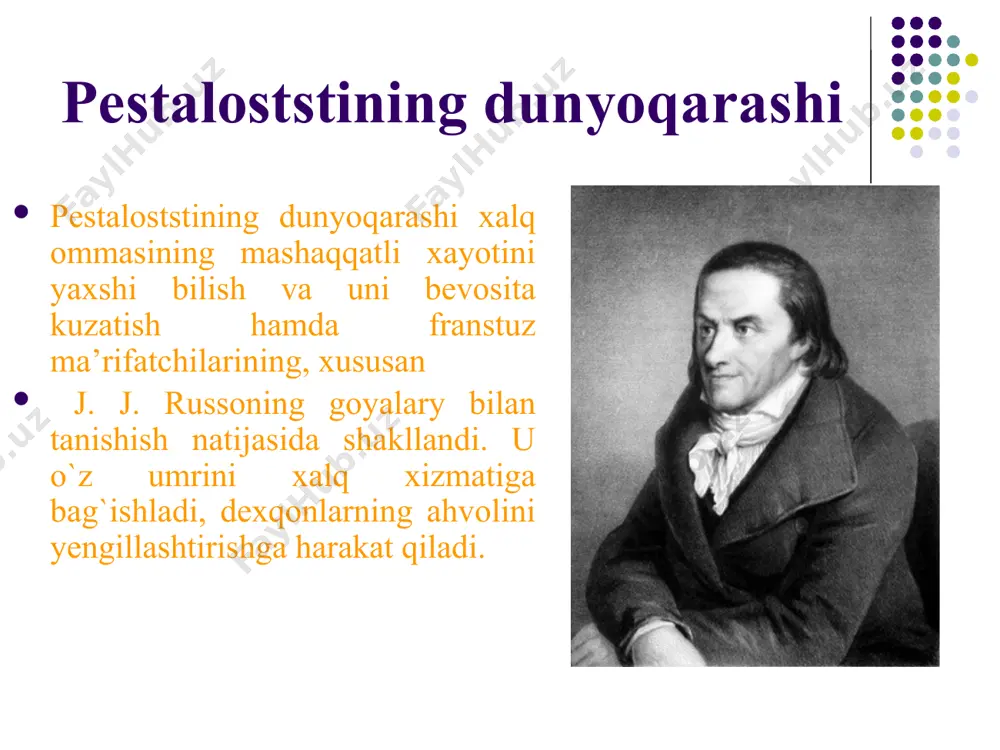 ga qarshi olib borilgan xix asrda xalq maktabini rivojlantirishga yordam bergan kurashda katta rol’ o’ynadi pestalotsi pedagogika nazariyasi va tajribasining ahamiyati. u bolani jismoniy tarbiyalash, mehnatda tarbiyalash, axloqiy va aqliy tarbiyalash to’g’risida juda qimmatli fikrlarni aytib o’tdi. pestalotsi boshlang’ich maktabda beriladigan bilimlarning mazmunini kengaytirishni talab qildi boshlang’ich maktabni xalqqa yaqinlashtirishga, uni xalq ommasining turmushi va ehtiyojlari bilan chambarchas bog’lashga intildi, bolalarni mehnatga o’rgatishga, ularni turmushga tayyorlashga katta e’tibor berdi image1.jpeg image2.jpeg image3.jpeg image4.jpeg image5.jpeg image6.jpeg image7.jpeg image8.jpeg image9.png image10.png image11.png image12.png image13.png /docprops/thumbnail.jpeg