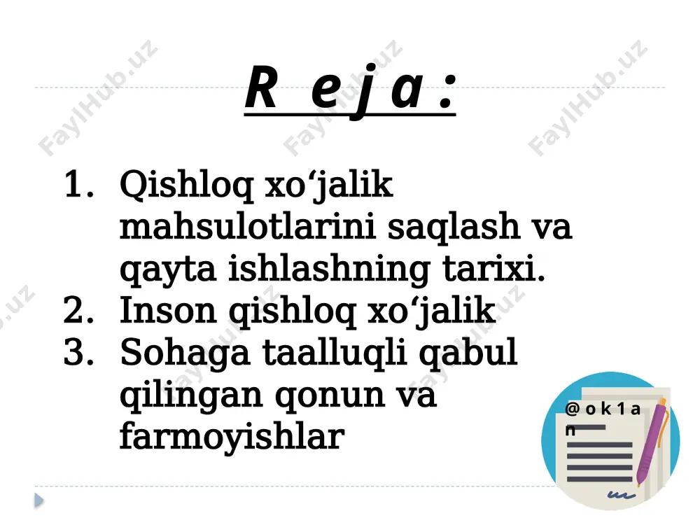 blikasi birinchi prezidentining 2016 yil 5 martdagi pq-2505 sonli qarori bilan tasdiqlangan “2016-2020 yillarda oziq-ovqat mahsulotlari xom ashyo bazasini, meva-sabzavot va go‘sht-sut mahsulotlarini chuqur qayta ishlashni yanada rivojlantirish, ishlab chiqarish va eksport hajmlarini oshirish chora-tadbirlari to‘g‘risida”gi hamda 2017 yil 6 yanvardagi pq-2716 sonli “2017-2018 yillarda meva-sabzavot mahsulotlarini saqlash va chuqur qayta ishlash quvvatlarini tashkil etishni rivojlantirish bo‘yicha qo‘shimcha chora-tadbirlar to‘g‘risida”gi dasturlar asosida ko‘plab ishlar amalga oshirildi. qishloq xo‘jaligida mahsulotlarni saqlash qishloq xo‘jaligi xodimlarining bilim va malakasiga bog‘liq. ularga va boshqa qishloq xo‘jalik xodimlariga mahsulotlarni saqlashda quyidagi vazifalar qo‘yiladi: mahsulotlarni va urug‘lik fondini imkoniyati boricha isrof qilmasdan hamda sifatini tushirmasdan saqlash; mahsulotlarni saqlayotgan paytda tegishli texnologik usul va rejimlar qo‘llab ularning sifatini yanada oshirish; oz mehnat sarf-xarajat qilib, mahsulotlarni rentabel holda saqlash. image2.png image3.jpeg image4.jpeg image5.jpeg /docprops/thumbnail.jpeg