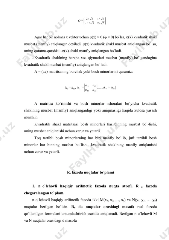 esma ham v to`plamga tegishli bo`lsa, v nuqtalar to`plamiga rn fazoda qavariq nuqtalar to`plami deyiladi. geometrik figuralardan quyidagilar qavariq nuqtalar to`plamiga misol bo`la oladi: kesma, to`g`ri chiziq, nur, tekislik, yarim tekislik, doira, uchburchak, shar, tetraedr va hokazo. 3. a) rasmda tasvirlangan figura qavariq nuqtalar to`plami bo`lsa, 3. b) rasmda keltirilgan figura qavariq nuqtalar to`plami bo`la olmaydi. a) b) 3 - rasm. 4 - rasm. umuman, n o`lchovli haqiqiy rn fazoda quyidagilar qavariq nuqtalar to`plamiga misol bo`ladi: 1) rn fazoning o`zi; 2) {m(x1; x2; …; xn) є rn | a1x1 + a2x2 + … + anxn = b}; 3) {m(x1; x2; …; xn) є rn | a1x1 + a2x2 +… + anxn ≤ b }; 4) n o`lchovli nuqtaning har qanday r atrofi va hokazo. rn fazoda n o`lchovli m1, m2, …, mk nuqtalarning qavariq chiziqli kombinatsiyasi deb, ixtiyoriy n o`lchovli m = λ1m1 + λ2m2 +…+ λκmκ nuqtaga aytiladi, bu …