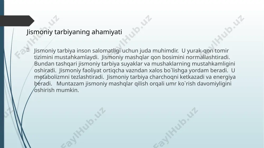 saqlash tashkiloti veb-sayti 2. o`zbekiston respublikasi sog`liqni saqlash vazirligining rasmiy veb-sayti 3. sog`lom turmush tarziga oid maqolalar to`plami 4. jismoniy tarbiya va sport bo`yicha darslik 5. stressni boshqarish bo`yicha qo`llanma adabiyotlar