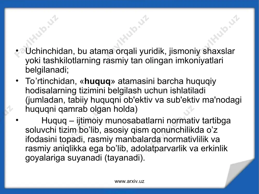 xloqning ob'ektlari bir xil bo’lib, ularni amaldagi ijtimoiy munosabatlar tashkil etadi; 5-dan huquq va axloq normativ hodisalar ko’rinishida kishilarning zarur va mumkin bo’lgan harakatlarining chegaralarini aniqlaydi va h.k. 6-dan, inson faoliyatining regulyatori ( tartibga soluvchi ) sifatida, uning erki va irodasiga asoslanadi; www.arxiv.uz www.arxiv.uz 7-dan, huquq va axloq oxir natijada bitta masalaga qaratiladi ( ko’zlaydi), ya'ni ijtimoiy hayotni tartibga solishga, takomillashtirishga, shaxsning shaklanishi yoki rivojlanishiga, adolat printsiplarini o’rnatishga va shu kabilarga qaratiladi; 8-dan, huquq va huquq kabi axloq tarixiy fundamental kategoriya sifatida jamiyatning ijtimoiy hamda ma'naviy taraqqiyoti ko’rsatgichlari sifatida yuzaga chiqadi. biroq yuqorida aytilganlar bilan bir qatorda huquq bilan axloq o’rtasida ancha farqlar ham bo’lib, ularga quyidagilar kiradi: 1. huquq va axloq o’rnatilishi, shaklanishi va manbalariga ko’ra, huquq nafaqat xalqning erkini, balki davlatning erkini ham ifodalaydi, u nafaqat oddiy regulyativ (t.s.) sifatida, balki ijtimoiy munosabatlarni tartibga solishning davlat tomonidan amalga oshirishni bildiradi. 2. huquq va axloq ularni ta'minlash usullariga ko’ra; …
