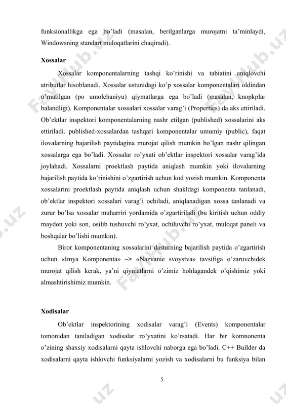 umotlar turi qo’llaniladi. «stroka» - «satr» turidagi o’zgaruvchilar barcha boshqa o’zgaruvchilar kabi e’lon va initsializatsiya qilinadi. kompilyatorga navbatdagi belgilar ketma-ketligi yangi o’zgaruvchining nomi emas, balki satr ekanligini bildirish uchun satrlar bittalik qo’shtirnoq ichiga olinadi. misol: ansistring st = ‘matn qatori’; satr turidagi o’zgaruvchilar ustida boshqa satr o’zgaruvchilar bilan qo’shish amali bajarilishi mumkin. bu amal ikkita satrni ularning kelish tartibida birlashtirish deb tushuniladi. misol: ansistring s1 = ‘qatori’; ansistring s2 = ‘ matn’; ansistring s = s1 + s2; natijada s o’zgaruvchi s1 va s2 o’zgaruvchilardan tashkil topgan ‘stroka teksta’ degan qiymatni qabul qiladi. qo’shimcha turlar borland c++ da butun qiymatli o’zgaruvchilarning turlarini qo’shimcha ajratish imkoni mavjud. bu holda o’zgaruvchilarning barcha tur nomlari quyidagicha yoziladi - int x, bu erda x o’zgaruvchiining bitlardagi maydon o’lchami. x quyidagi qiymatlardan birini qabul qilishi mumkin: 8, 16, 32 va 64. bu turdagi o’zgaruvchilardan foydalanish standart turda aniqlangan o’zgaruvchilardan foydalanishdan farq qilmaydi. quyidagi jadvalda bunday …