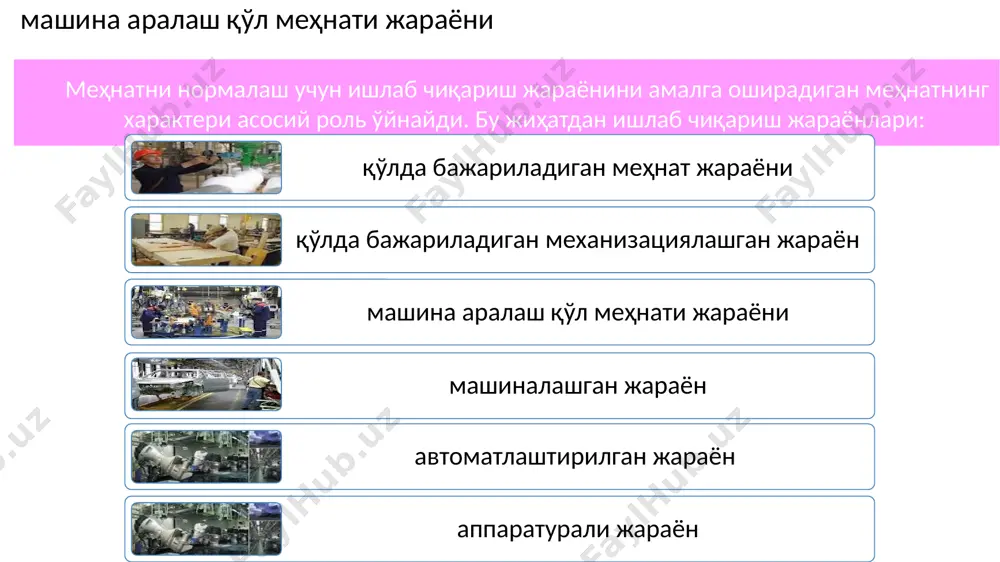 каби элеметларни бажариш учун ишчининг гавдасини, унинг ўзини, оёғини, қўлини, қўлининг панжасини, бармоғини бир марта (бир карра) қимирлаши (движенияси) қимирлаш деб тушинилади. масалан, қаламни қўлга олиш ҳаракати қуйида кўрсатилган иккита қимирлаш йиғиндисидан иборат: а) қўлни қаламга узатиш; б) бармоқлар билан қаламни қисиб ушлаш. оммавий ишлаб чиқариш ёки хизмат кўрсатиш турларида ҳар бир қимирлаш, ўз навбатида, микроэлементли қимирлашларга ҳам бўлиниши мумкин. масалан, қўлни қаламга узатиш қимирлаши гавдани ростлаш, қўлни кўтариш ва ниҳоят, қўлни қаламга узатиш каби микро қимирлашлар йиғиндисидан иборат операцияларни меҳнат жиҳатидан бундай узвий элементларга бўлиш ишлаб чиқариш жараёнини таҳлил қилиш ва ундаги элементлар таркибини яхшилаш учун кенг имкон яратади, шу билан бирга, ишлаб чиқариш илғорларининг ишлаб чиқариш ёки хизмат кўрсатиш соҳасидаги мақсадга мувофиқ ва бажариш услубларини ўрганиш учун хизмат қилади image6.jpeg /docprops/thumbnail.jpeg
