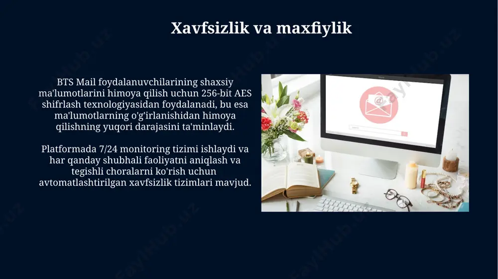 chta xabarlarini yuborish va qabul qilish imkonini beradi. xabar yuborish va qabul qilish jarayoni xabar yuborish uchun 100 mb gacha bo'lgan fayllarni, 50 tagacha rasmni yoki 20 daqiqagacha audio qo'shishingiz mumkin, lekin umumiy hajm 250 mb dan oshmasligi kerak. xabar yetkazib berish vaqtini ta'minlash uchun serverlar global tarmoq orqali optimallashtirilgan bo'lib, bu taxminan 1-5 soniya ichida yetkazilishini ta'minlaydi. e'tiboringiz uchun rahmat @taqdimot_robot image5.jpg image6.jpg image7.jpg image8.jpg image9.jpg image10.jpg image11.jpg image12.jpg image13.jpg image14.jpg image15.jpg image16.jpg image17.jpg image18.jpg image19.jpg image20.jpg image1.jpg