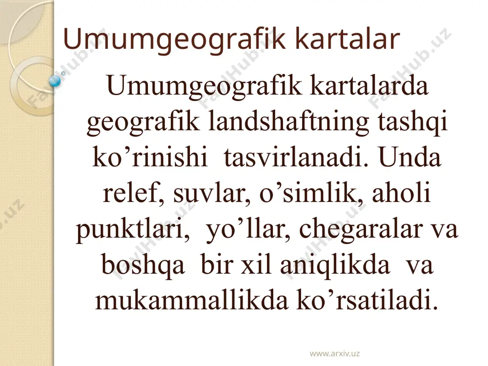 rayonlashtirish, qishloq xo’jaligi kartalari va boshqalar. www.arxiv.uz www.arxiv.uz kompleks kartalar kompleks kartalar debataladigan maxsus kartalarda bir-biriga bog’liq bo’lgan bir qancha voqea va hodisalar yoki voqea-hodisalarning bir qancha xususiyatlari birgalikda tasvirlansa-da, lekin mazmunning xar bir ko’rsatkichi alohida beriladi. www.arxiv.uz www.arxiv.uz www.arxiv.uz mavzuli kartalar 1.geologik kartalar. 2.iqlim kartalari. 3.zoogeografik yoki hayvonot dunyosi kartalari. 4.ekologik kartalar. 5.aholi kartalari. 6.sanoat kartalari 7. xalq maorifi kartalari. www.arxiv.uz xulosa. xulosa o’rnida shuni aytish mumkinki har bir kartaning ahamiyati o’ziga xos bo’ladi. karta bizga ma’lumotlarni aniq asoslab beradi va tushunishga qulaylik yaratadi. har bir karta o’ziga xos uslubda tayyorlanadi. hozirda kartalarning turli mavzulardagisi mavjud.bunday kartalar o’quvchilar tushunishiga qulaylik yaratadi. www.arxiv.uz foydalanilgan adabiyotlar. 1.t.mirzaliyev. kartografiya. toshkent. o’zbekiston respublikasi fanlar akademiyasi “fan” nashiryoti 2004 . 2.www.ziyo.net.uz 3.www.lexuz.uz www.arxiv.uz image2.jpeg image3.png image4.png image5.png image6.jpeg image7.jpeg image8.png image9.jpeg image10.gif image11.jpeg image12.jpeg image13.jpeg