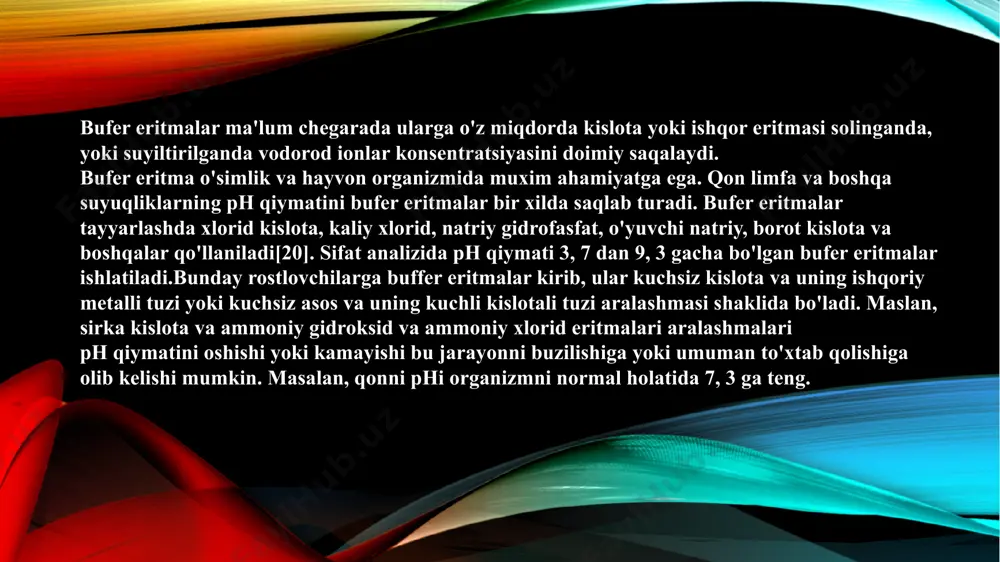 eritmadagi vadarod ionlari konsentraciyasi aniq va doimiy bo'lishi kerak. shuning uchun analiz jarayoni [h] ionlari konsentrasiyasini doimiy saqalab turuvchi bufer eritmalar ishlatiladi. eritma suyultirilganda yoki eritmaga oz miqdorda kuchli kislota (yoki ishqor)qo'shilganda ham ph qiymati o'zgarmaydigan kuchsiz kislota va uning tuzidan yoki kuchsiz asos va uning tuzi aralashmalaridan shuningdek ko'p asosli kislota tuzlari aralashmalaridan iborat bo'lgan eritmalar bufer eritmalar deyiladi. bufer eritmalari (inglizcha buffer -, , buf" so'zidan olingan bo'lib zarbani yengillash degan ma'noni bildiradi).bufer eritmalarga quyidagi aralashmalar kiradi[9, 10, 11, 12, 13, 14]. hcoona+hcooh, chscooh+chscoona, nh4oh+nh4q, na2hpo4+nah2po4 va boshqalar. bufer eritmalarning buferta'siri qo'shiladigan kislota yoki ishqorni h+ yoki oh- ionlarini bog'lab kuchsiz elektrolit hosil qilishiga asoslangan. masalan, agar asetatli ch3cooh+ch3coona bufer eritmaga kislota qo'shilsa quyidagicha reaksiya boradi:_ bufer sig'imi b- bufer sig'imi;m\mol n-titrlovchi eritmaning molar ekvivalent konsentratsiyasi; mol\l v-titrlovchi eritmaning hajmi;l ph-boshlang'ich muhit phi ph-ohirgi muhit phi bufer sistemalarining turlari bufer sistemalar ikki turga bo'linadi; 1.kuchsiz kislota va shu …