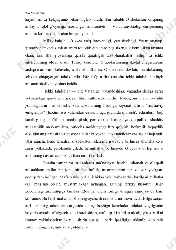 z va soz yechgan, peshqadam bo`lgan. mafkuraviy birligi ichidan yoki tashqaridan buzilgan millatlar esa, mag`lub bo`lib, mustamlakaga aylangan. buning tarixiy misolini bilga xoqonning turk xalqiga bundan 1266 yil oldin toshga bitilgan murojaatida ham ko`ramiz. bu bitik mafkurasizlikning ayanchli oqibatlarini tasvirlaydi. bilga xoqon turk elining adashuvi natijasida uning boshiga kanchalar falokat yogilganini kuyinib aytadi. «tabgach xalki suzi shirin, nafis ipaklar bilan aldab, yirok xalkni shunay yakinlashtirar ekan… shirin suziga , nafis ipakligiga aldanib, kup turk xalki, ulding. ey, turk xalki, ulding..» 2. inson biror kasallikka chalinsa, uni davolash mumkin. millat ma`naviyatining zaifligi, uning xarakteridagi xafsalasizlik befarqlik gayratsizlik o`zaro ichki munosabatlarda aldamchilik qo`pollik johillik xudbinlik yalqovlik va boshqa nuqsonlarda namoyon bo`ladi. demak hozirgi o`zimizni o`zimiz barkamol qilipshmizga to`yeqinlik qilayotgan ma`naviy jarohatlarimizni davolashimiz uchun masalaga aniq, ya`ni real milliy xarakterni o`rganish va o`zgartirish omili sifatida yondashmog`imiz zarur. natijada, millatning o`z ahvoliga o`zining munosabati, ijobiy jihatlarni oshirish va qusurlarni ma`rifiy yo`l bilan davolab, kuchlantirib, …