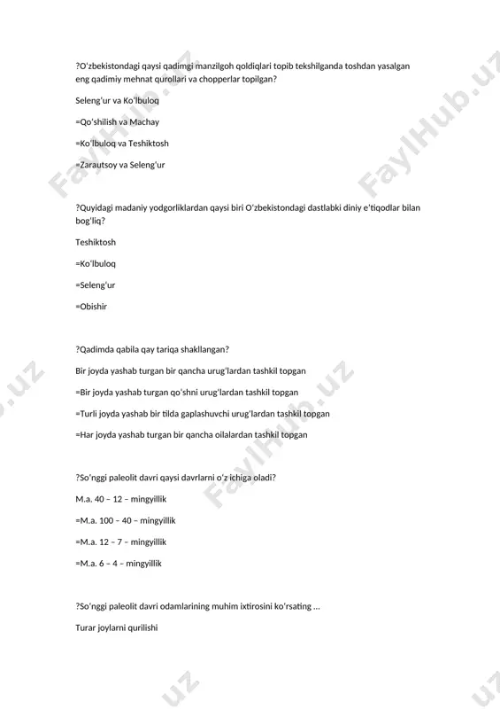 pollitepa va jarqo‘ton =sopollitepa va kaltaminor =jarqo‘ton va namozgoh =oltintepa va zarautsoy ?o‘zbekistondagi qaysi madaniy yodgorlikdan ilk ibodatxona qoldiqlari topib o‘rganilgan? jarqo‘ton =zamonbobo =oltintepa =sopollitepa ?sopollitepa nechinchi mingyillikka oid manzilgoh hisoblanadi? m.a. 2 – mingyillikka =m.a. 1 – mingyillikka =m.a. 3 – mingyillikka =m.a. 4 – mingyillikka ?quyidagilardan qaysi biri o‘zbekiston janubidagi bronza asri dehqonlar manzilgohi hisoblanadi? sopollitepa =zarautsoy =ko‘lbuloq =zamonbobo ?zamonbobo nechinchi mingyillikka oid chorvadorlar va dehqonlarning qadimiy manzilgohi hisoblanadi? m.a. 2 – ming yillikka =m.a. 1 – ming yillikka =m.a. 3 – ming yillikka =m.a. 4 – ming yillikka ?bundan uch yarim ming yil muqaddam surxon vohasida hozirgi sheroboddan uncha uzoq bo‘lmagan joyda qaysi manzilgoh vujudga kelgan edi? jargo‘ton =zamonbobo =oltintepa =sopollitepa ?temirdan mehnat qurollari yasash imkoniyati qachondan paydo bo‘ldi? m. a. 1 – ming yillikning boshlarida =m. a. 1 – ming yillikning oxirlarida =m.a. 3 – ming yillikda =m.a. 2 – ming yillikning o‘rtalarida ?temirdan birinchi xettlardan …
