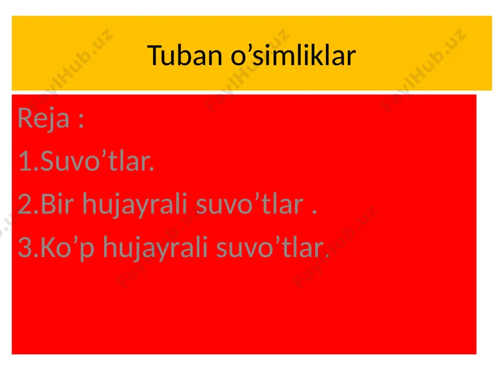 -biriga o’xshaydi. ikkita izogameta qo’shilib zigota hosil qiladi.zigota qalin po’st bilan o’ralib tinim davrini o’taydi.qulay sharoitida to’rtta hujayraga bo’linadi.har bir hujayradan yangi ulotriks ipi rivojlanadi. spirogira-rizoidsiz ko’p hujayrali suvo’t.chuchuk suv havzalari yuzasida boshqa suvo’tlar bilan birga “baqa to’nlarni”hosil qiladi.tallomi och yashil rangda,shilimshiq bilan o’ralgan.xromatofori spiralsimon bural gan.spirogira baliq va baqalarning harakati,suv oqimi ta’sirida tallom ining bo’laklarga bo’linishi natijasida ko’payadi. porfira laminariya qizil suvo’t bo’lib,tallomi bir qavat hujayradan iborat .keng chetlari .qattananing uzunligi bir metrdan oshadi. rizoidi yordamida suv ostida birikib o’sadi. dengizda uchraydi.qizil rang beruvchi antotsian pigmenti bo’ladi. “dengiz salati “deb ataladi. laminariya- ko’p hujayrali qo’ngir suvo’ti bo’lib,asosan, dengizda uchraaydi.suvo’tning tanasi tasmasimon,rizoidi bilan suv tubiga birikib turadi.tarkibida yod moddasi ko’p uchraydi. istemol qilingni uchun “dengiz karami” deb ham ataladi.suvo’tlar fotosintez qilishi tufayli suvni kislorod bilan ta’minlaydi, suv jonivorlari uchun ozuqa hisoblnadi.ayrim dengiz suvo’tlaridan yod, brom olinadi.xlorella va xlamidomonadadan suv havzalarini tozalashda foydalaniladi. sxemani to’ldiring bir hujayrali suvo’tlar ko’p hujyrli suvo’tlar …