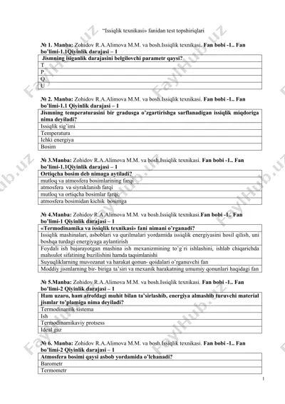 issiqlik texnikasi fanidan test topshiriqlari — DOCX