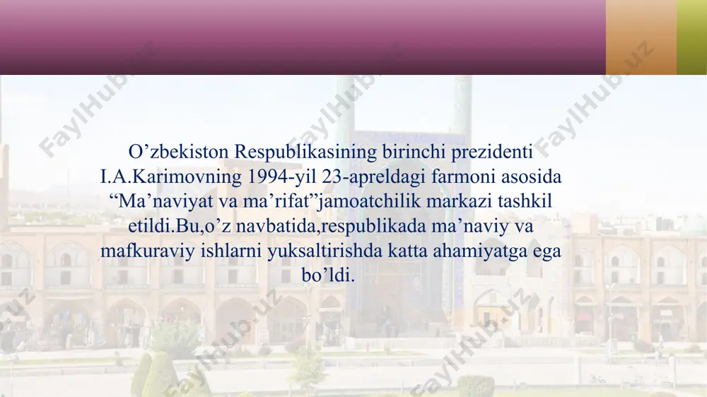 beshta ustuvor yo’nalishi bo’yicha “harakatlar strategiyasi”ishlab chiqildi madaniy hayotni tubdan o’zgarishi teatr san’ati rivojlanishida yaqqol sezildi 2015-yil a.navoiy nomidagi o’zbekiston davlat akademik katta teatri occhilishi bo’lib o’tdi 2001-yil o’zbekiston davlat akademik drama teatriga “milliy teatr”maqomi berildi 2018-yil ilk bor “turon”-harbiy teatr-studiya tashkil etildi mustaqillik davrida professional musiqa va raqs,tasviriy san’at,kino,badiiy adabiyot va san’atning boshqa bir qator sohalari rivojlanishida keng ko’lamli ishlar olib borildi,hamda hanuzgacha davom etmoqda vazirlar mahkamasining qarori bilan1997-yildan har ikki yilda bir marotaba samarqand shahrida “sharq taronalari”musiqa festivali o’tkazila boshladi 1998-yil ilk bor simfonik musiqa festivali o’tkazildi 1997-yil mukarrama turg’unboyeva “o’zbekraqs”milliy raqs birlashmasi ish faoliyatini boshladi 2004-yil o’sbekkino”milliy agentligi tashkil etildi… 1998-yildagi “muzeylarni faoliyatini tubdan yaxshilash va takomillashtirish to’g’risidagi”farmoni mamlakatimizda muzey ishini rivojlantirish istiqbollarini belgilab berdi shunday qilib,mustaqillik yillarida mamlakatimiz ichki siyosatining bosh bo’g’nlaridan biri ma’naviy tiklanish bo’ldi.yangilanayotgan o’zbekistonda bu omil ma’naviy tiklanishdan ma’naviy yuksalish tomon rivojlandi e’tiboringiz uchun rahmat! image2.jpg image3.jpg image4.jpg image5.jpg image6.jpg image7.jpg image8.jpg image9.jpg …