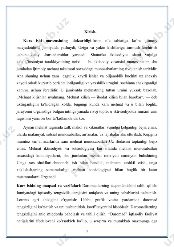 atiladi. jumladan, v.i.vidyapin va boshqalarning umumiy tahriri ostidagi “ iqtisodiyot nazariyasi”(1-chizma). 1-chizma.lorel egri chizig’i shu o’rinda ta‘kidlash lozimki, daromad tarkibining yuqorida keltirilgan tasnifida ma’lum chalkashliklar mavjud. jumladan, qurolli kuchlar xizmatchilarining pul va natural ko’rinishdagi ta’minotlarini alohida bandda berilishi mantiqqa ziddir, chunki harbiy xizmatchilar ham o’z faoliyatlari natijalarini ish haqi yoki maosh ko’rinishida oladilar. shuningdek, 4-6 tartib raqamlari bo’yicha keltirilgan bandlar daromad turini emas, balki faoliyat turini ko’rsatadi. aholi pul daromadlari ish haqi, tadbirkorlik faoliyatidan olinadigan daromad, nafaqa, pensiya, stipendiya shaklidagi barcha pul tushumlarini, mulkdan foiz, dividend, renta shaklida olinadigan daromadlarni, qimmatli qog’ozlar, ko’chmas mulk, qishloq xo’jalik mahsulotlari, hunarmandchilik buyumlarini sotishdan va har xil xizmatlar ko’rsatishidan kelib tushadigan daromadlarni o’z ichiga oladi. natural daromad mehnat haqi hisobiga olinadigan va uy xo’jaliklarining o’z iste’mollari uchun ishlab chiqargan mahsulotlaridan iborat bo’ladi. jamiyat a’zolari daromadlari darajasi ular turmush farovonligining muhim ko’rsatkichi hisoblanib, shu bilan birga alohida shaxslaming dam va, bilim olishi, sog’lig’ini saqlashi, eng …