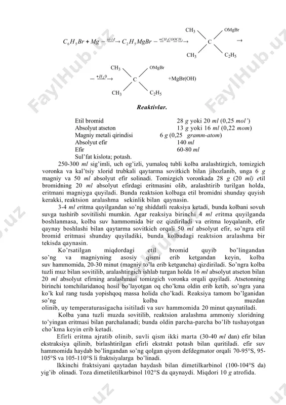 ikki tiniq qatlam-efir va suvga ajralguncha davom ettiriladi. efirli eritmani ajratib olib, suvli qism ikki marta (20 ml dan) efir bilan ekstraksiya qilinadi. birlashtirilgan efirli eritmalar ajratkich voronkada o’yuvchi natriyning suyultirilgan eritmasi bilan chayqatiladi, ishqorli qismi xlorid kislota bilan kislotali muhitga keltiriladi. bunda cho’kmaga tushgan benzoy kislotani byuxner voronkasida fil’trlab olib sovuq suv bilan yuviladi va quritiladi. qaytadan qaynoq suvda kristallantirib olingan benzoy kislotaning suyuqlanish temperaturasi 121os. agar u vozgonka qilinsa, uning suyuqlanish temperaturasi 122,3os ga ko’tariladi. miqdori 6 g. dimetiletilkarbinol (2-metil butanol-2) reaktivlar. etil bromid 28 g yoki 20 ml (0,25 mol’) absolyut atseton 13 g yoki 16 ml (0,22 mom) magniy metali qirindisi 6 g (0,25 gramm-atom) absolyut efir 140 ml efir 60-80 ml sul’fat kislota; potash. 250-300 ml sig’imli, uch og’izli, yumaloq tubli kolba aralashtirgich, tomizgich voronka va kal’tsiy xlorid trubkali qaytarma sovitkich bilan jihozlanib, unga 6 g magniy va 50 ml absolyut efir solinadi. tomizgich voronkada …