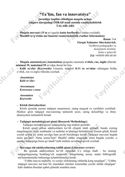 ilmiy maqola rasmiylashtirish bo‘yicha talablari — DOCX