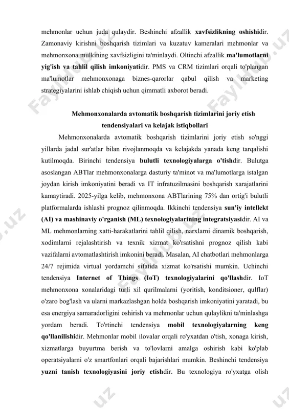 ega bo'ladilar. keys-stadi: "oasis virtual" mehmonxonalar tarmog'ida virtual axborotlar tizimini joriy etish orqali mijozlar tajribasini boyitish va innovatsion xizmatlar taqdim etish "oasis virtual" mehmonxonalar tarmog'i mijozlarga noyob tajribalar taqdim etish uchun virtual reallik (vr) va kengaytirilgan reallik (ar) texnologiyalari asosida virtual axborotlar tizimini joriy etdi. virtual tur (vr tour) bron qilish konversiyasini 20%ga oshirdi. ar navigatsiya xizmat ko'rsatish bo'limlariga murojaatlarni 15%ga kamaytirdi. virtual konsyerj orqali buyurtmalar umumiy buyurtmalarning 10%ini tashkil etdi. virtual tadbirlar mehmonlarning mehmonxonada o'tkazgan vaqtini 25%ga oshirdi. ar yordamida xona haqida ma'lumot olish qo'shimcha savollarni 20%ga kamaytirdi. natijada mijozlar qoniqishi 10%ga o'sdi, innovatsion imidj shakllandi, xizmat ko'rsatish samaradorligi oshdi va daromad ko'paydi. virtual axborotlar tizimi mijozlar tajribasini boyitish, innovatsion xizmatlar taqdim etish, operatsion samaradorlikni oshirish va raqobatbardosh ustunlikka erishishning muhim vositasi ekanligi ko'rsatildi.