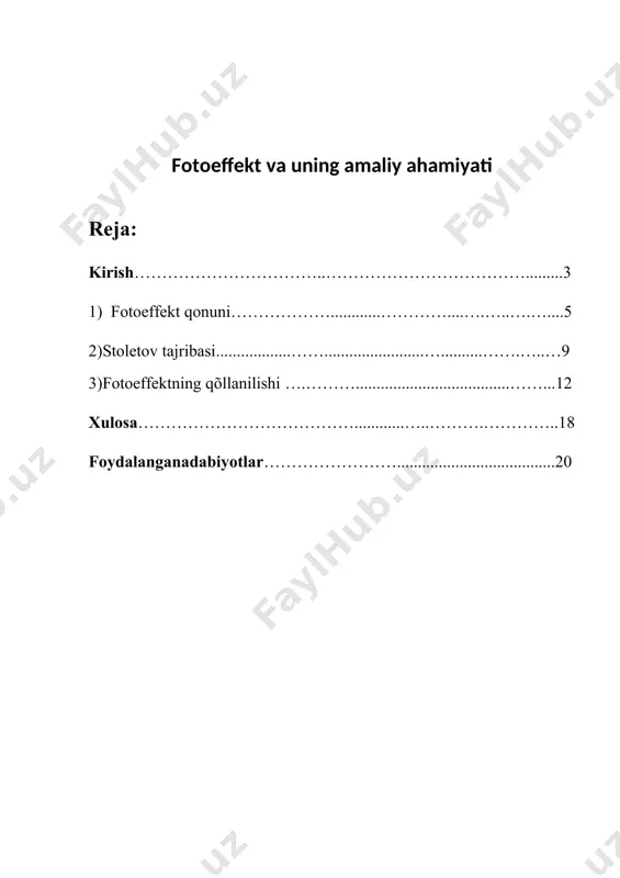 t qonunlariga tayanib hozirgizamontexnologiyalariningishlashida fotoelementlarningahamiyatinio‘rganishdaniborat. mavzuning maqsadi:fotoeffektningqonunlarinivastoletovtajribasiyaratganqonunlarvabuqonunlarinifanvatexnikadaqòllanilishinihаqidаfenomenologikbilim,ko’nikmаvаmаlаkаshаkllаntnrishdir. mavzuning vazifasi: 1.optikafanidaerishilganyutuqlar. 2. fotoeffektni fan va texnikada qõllanilishi õrganish . 4 1.fotoeffekt qonuni 1887 yilda nemis fizigi g.gers tomonidan kashf qilindi va 1888-1890 yillarda a.g.stoletov tomonidan eksperimental tadqiq qilindi. 1990 yilda fotoeffekt hodisasi f.leonard tomonidan yetarlicha o`rganildi. bu vaqtga kelib elektron (d.tomson 1897 yil) kashf etilgan edi, va ma‘lum bo`ldiki fotoeffekt (yoki aniqrog`i tashqi fotoeffekt) moddadan unga tushadigan yorug`lik ta‘sirida elektronlarni yulib olishdan iborat ekan. fotoeffektni tadqiq qilish tajribasining qurilmasining chizmasi 16.1-rasmda tasvirlangan. tajribalarda yuzasi yaxshi tozalangan ikkita metall elektrodli shisha vakuumli ballon ishlatiladi. elektrodlarga ikki tomonlama kalit yordamida qutblarini o`zgartirish mumkin bo`lgan birmuncha kuchlanish u beriladi. elektrodlardan biri (katod k) kvars darcha orqali to`lqin uzunlikli monoxromatik yorug`lik bilan yoritiladi. 16.2-rasmda katodga tushib turgan yorug`lik oqimini ikki xil qiymati uchun olingan odatdagi egri chiziqli bog`lanish grafigi tasvirlangan. 5 16.2-rasm. fototok kuchini unga berilgan kuchlanishga bog`lanish grafigi. 2 - ikkinchi egri chizig`iga kattaroq …