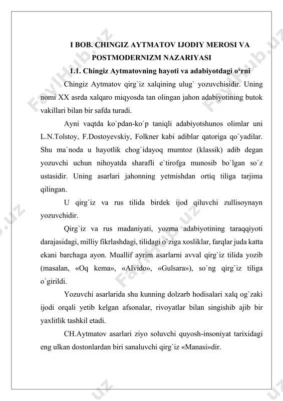 na va haqiqat uzviyligini badiiy tasvirda namoyon bo`ladi.[footnoteref:1] [1: bahromov, o. postmodernizm va zamonaviy adabiyot. — toshkent: fan, 2005.] «oq kema» qissasi adibning ana shu yo`nalishdagi poklik va adolat, xunrezlik va uning ahloqiy ildizlari, milliy an`analar va insoniy qadriyatlar talqiniga bag`ishlangan navbatdagi eng go`zal asarlaridan biridir. asarda o`quvchi nurday toza orzular og`ushida yashovchi, ona bug`u hamda oq kema haqidagi ertaklarning ertak emas, chin ekaniga astoydil ishongan va ularning ro`yobga chiqishiga ko`z tutgan bola: nihoyatda halol, samimiy va haqgo`y bo`lishiga qaramay qizi, nabirasi tinchligi va osoyishtaligi deb o`zlariga qaram va mute` bo`lib qolgan, shu bois, hatto ona bug`uni o`ldirishgacha borib yetgan mo`min bobo: odam qadri-yu tabiat, milliy qadriyat-u, urf-odat barchasiga bir pul deb qaraydigan vahshiy sifat o`rozqul singari obrazlarga duch keladi. ona bug`uning o`ldirilishi natijasida barcha orzu umidlari chilparchin bo`lgan bolaning baliqqa aylanib, oq kemaga yetish maqsadida suvga tushib nobud bo`lishi ramziga yozuvchi toza umid va insoniy poklikni, ma`naviy tubanlikka qarshi …