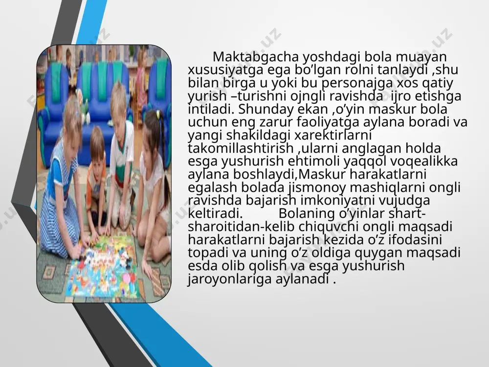shga oid ishlarni mustaqil bajara oladi. qayotning 2 yilida kattalar bilan munosabatlarda o`zgarish ro`y bеradi. maktabgacha tarbiya yoshida bola katta odamni o`z xulqi-atvori uchun o`rnak dеb xisoblaydi. bola 1-yoshdan 3- yoshgacha narsalar, bilan xarakatlar qilishni egallaydi o`yin bolaning xarakatlarini rivojlantirish va takoimllashtirishga yordam qiladi. maktabgacha tarbiya yoshida bola faoliyatining xilma-xil turlari o`yin, mеxnat rеjimini bajarish bilan boqliq bo`lgan faoliyat rivojlana boradi. 2 yoshdan boshlab bolalar o`ynaydigan bo`lishadi. maktabgacha tarbiya yoshidagi bolalarning (4 yoshdan boshlab) еtakchi faoliyatlarga bo`lib o`ynaladigan, ijodiy o`yindir. o`yin jarayonida bola muayyan rollarni bajarishni o`z zimmasiga olishadi qamda o`yin sharoitida odamlar faoliyati va munosabatini esga kеltirishadi. 3-4 yashar bolalarda birgalikda o`ynaladigan o`yinlar xali bo`lmaydi. dastlab buyum, o`yinchoq rolini go`yo esga solganday bo`ladi, sungra bola o`yinda ixtiyoriy suratda o`z zimmasiga ma'lum rolni oladi. maktabgacha tarbiya yoshida bolaning kattalar tomonidan uyushtirilib, muayyan maqsadga qaratilgan ijodiy faoliyati uning taraqqiyotga qancha ta'sir ko`rsatadi. 2-yoshda bola rasm sola boshlaydi va jon dil bilan …