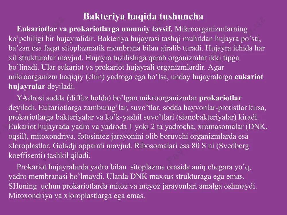 okklar, to’rttadan bo’lib joylashsa tetrakokklar, kub shaklida joylashsa-sarsinalar deb ataladi. bakteriyalar shakl bo‘yicha uch asosiy guruhga bo‘linadi: sharsimon, tayoqchasimon va egri-bugri (spiralsimon) bakteriyalarning asosiy shakllari i-sharsimon; ii- tayoqchasimon; ill-egri- bugri (spiralsimon); 1-mikrokokmar; 2- diplokokklar; 3-streptokokklar; 4-tetrakokklar. asosiy shakllar orasida, bir-biridan o‘tuvchilari ham mavjud. sharsimon (kokklar) bakteriyalar asosan sharga o‘xshash bo‘lib, ularni orasida cho‘zinchoq, bir tomoni yassiroq, bukri va boshqa shaklga ega bo‘lganlari ham uchrab turadi. kokklar bo‘linganda bir tekisda ikkitadan (juft) bo‘lib ko‘payishlari mumkin, bularni diplokokklar deb ataladi asosiy shakllar agar bo‘linish birin-ketin amalga oshirilib, hujayralar bir-birlariga yopishgan holatda, zanjirsimon bo‘lib qolsalar - bularni streptokokklar deb ataladi. kokklarni ikkiga o‘zaro perpendikulyar holatda bo‘linishi to‘rtta hujayra hosil qiladi va bu tetrakokklar deb ataladi. hujayralarni tartibsiz to‘planishi, uzum shingiliga o‘xshash shaklga ega bo‘lishi kokklarni har xil tekislikda bo‘linishi natijasida paydo bo‘ladi va bunday shakllar stafilakokklar deb ataladi ko‘pchilik bakteriyalar tayoqchasimon yoki silindrsimon shaklga ega bo‘ladilar. ko‘pchilik holatda tayoqchani uchi yarim oy holatga …